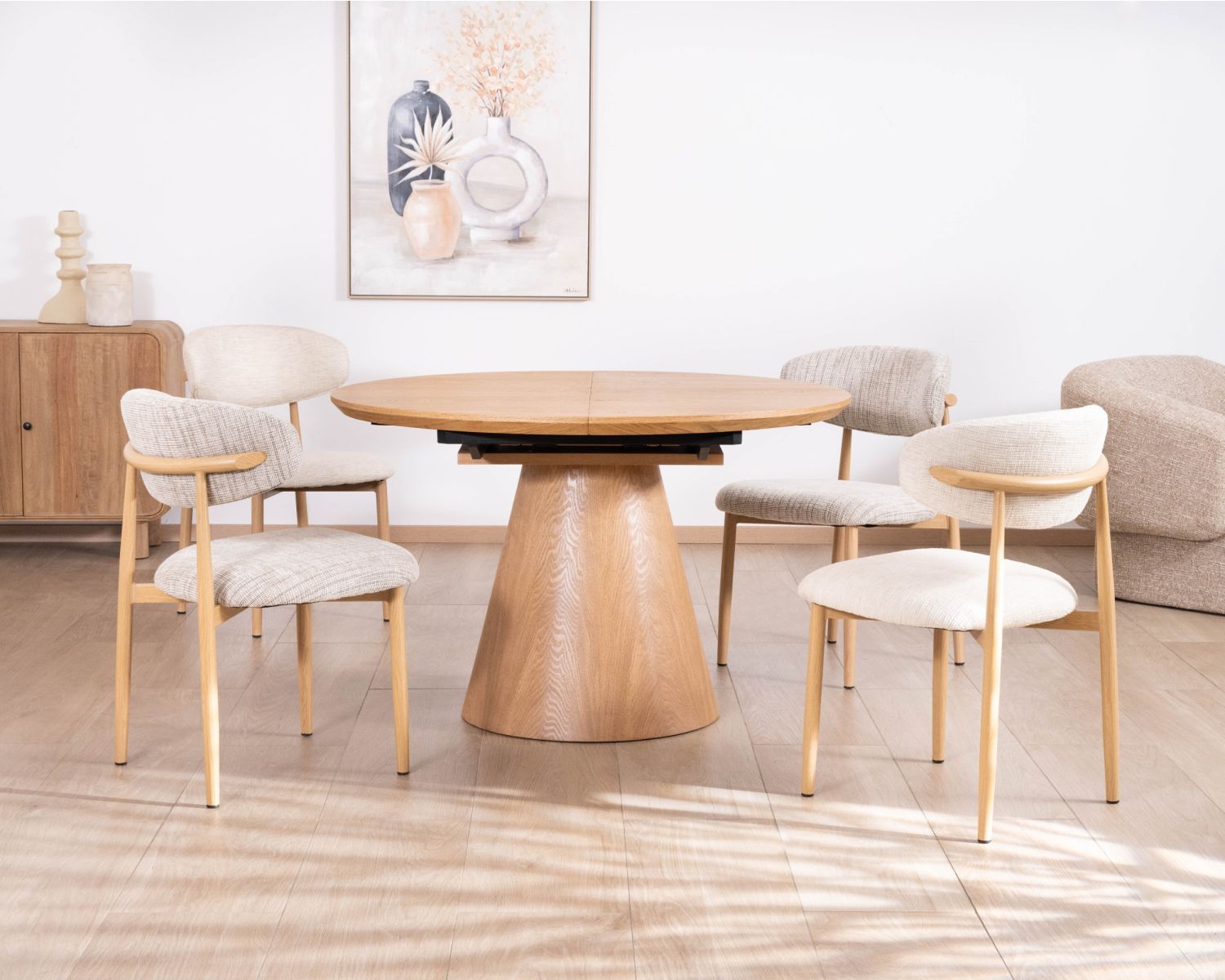Mesa de comedor redonda de 120 cm, extensible hasta 160 cm, modelo «Oria», de estilo minimalista y acabado en fresno