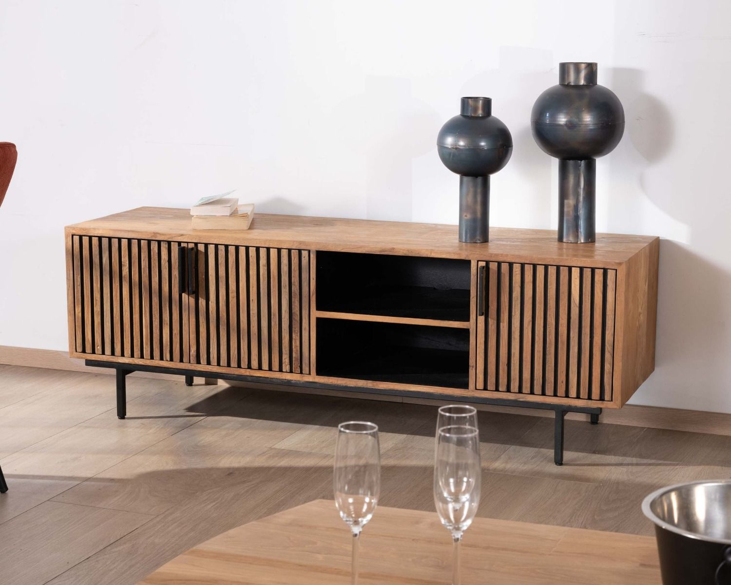 Mueble para la tele de 3 puertas de teca, estilo retro «Opland», 160 cm