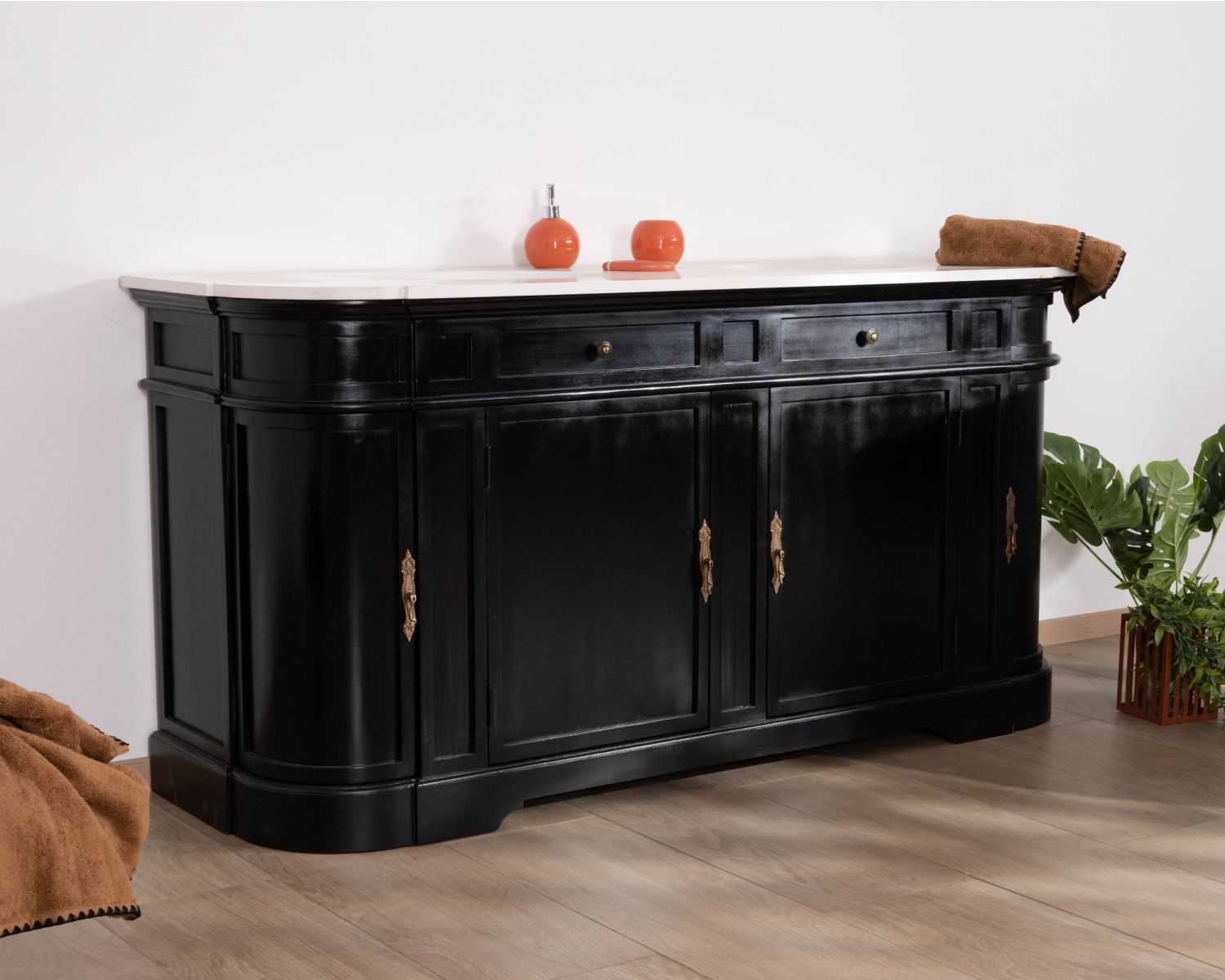 Mueble de doble lavabo con esquinas redondeadas, de madera negra y cuarzo blanco «Églantine»