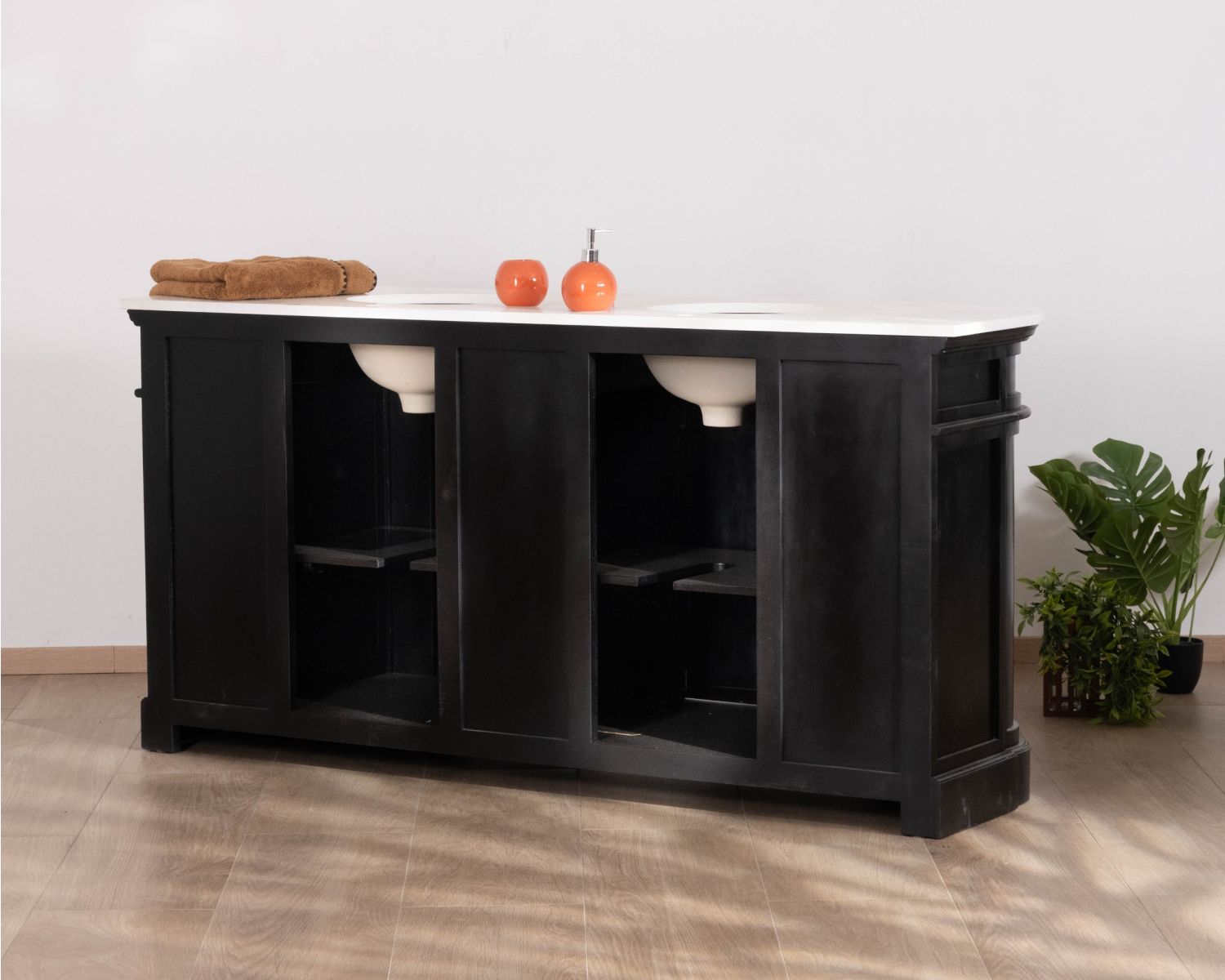 Mueble de doble lavabo con esquinas redondeadas, de madera negra y cuarzo blanco «Églantine»