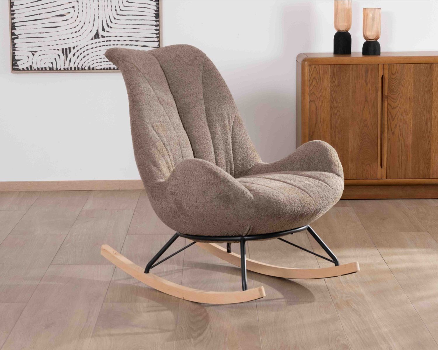 Sillón reclinable contemporáneo con tejido bouclé de color topo «Calista»