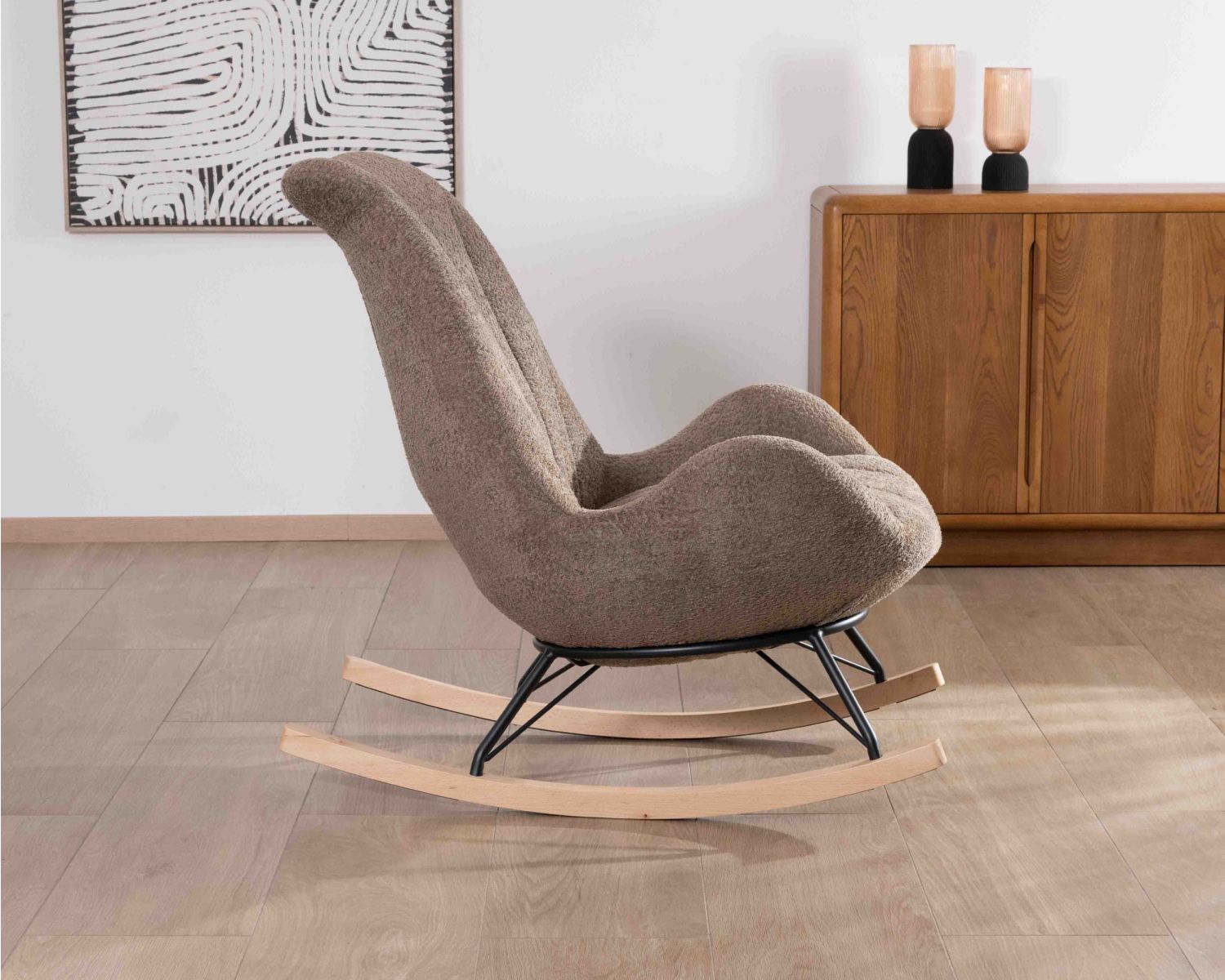 Sillón reclinable contemporáneo con tejido bouclé de color topo «Calista»