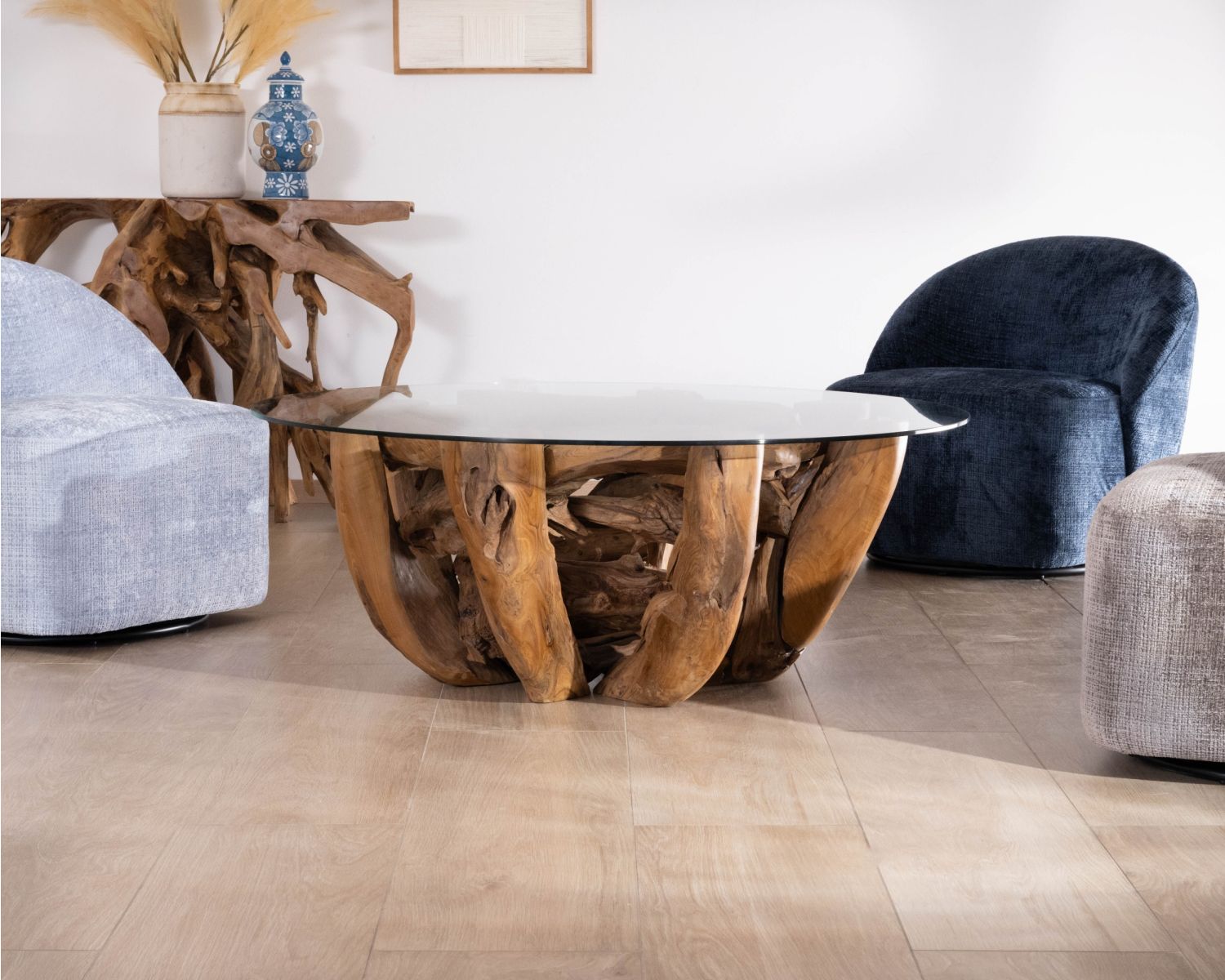 Mesa de centro redonda de madera de teca flotada y tablero de cristal «Kanoa», 120 cm