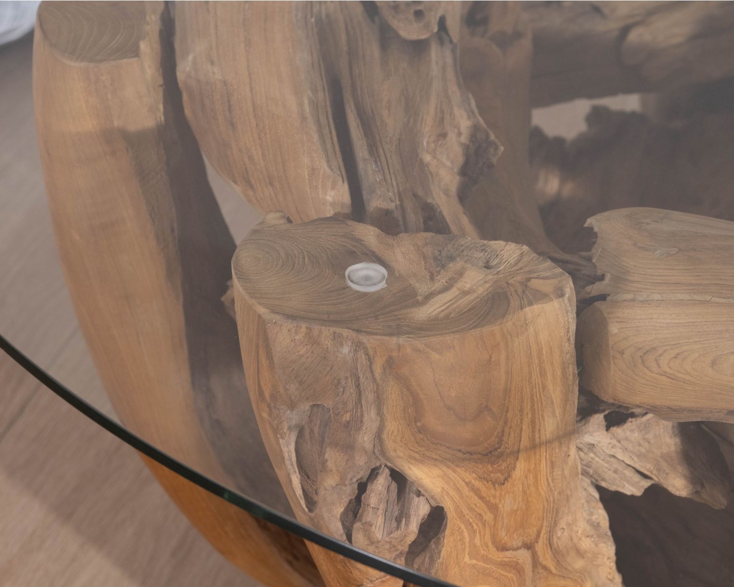 Mesa de centro redonda de madera de teca flotada y tablero de cristal «Kanoa», 120 cm