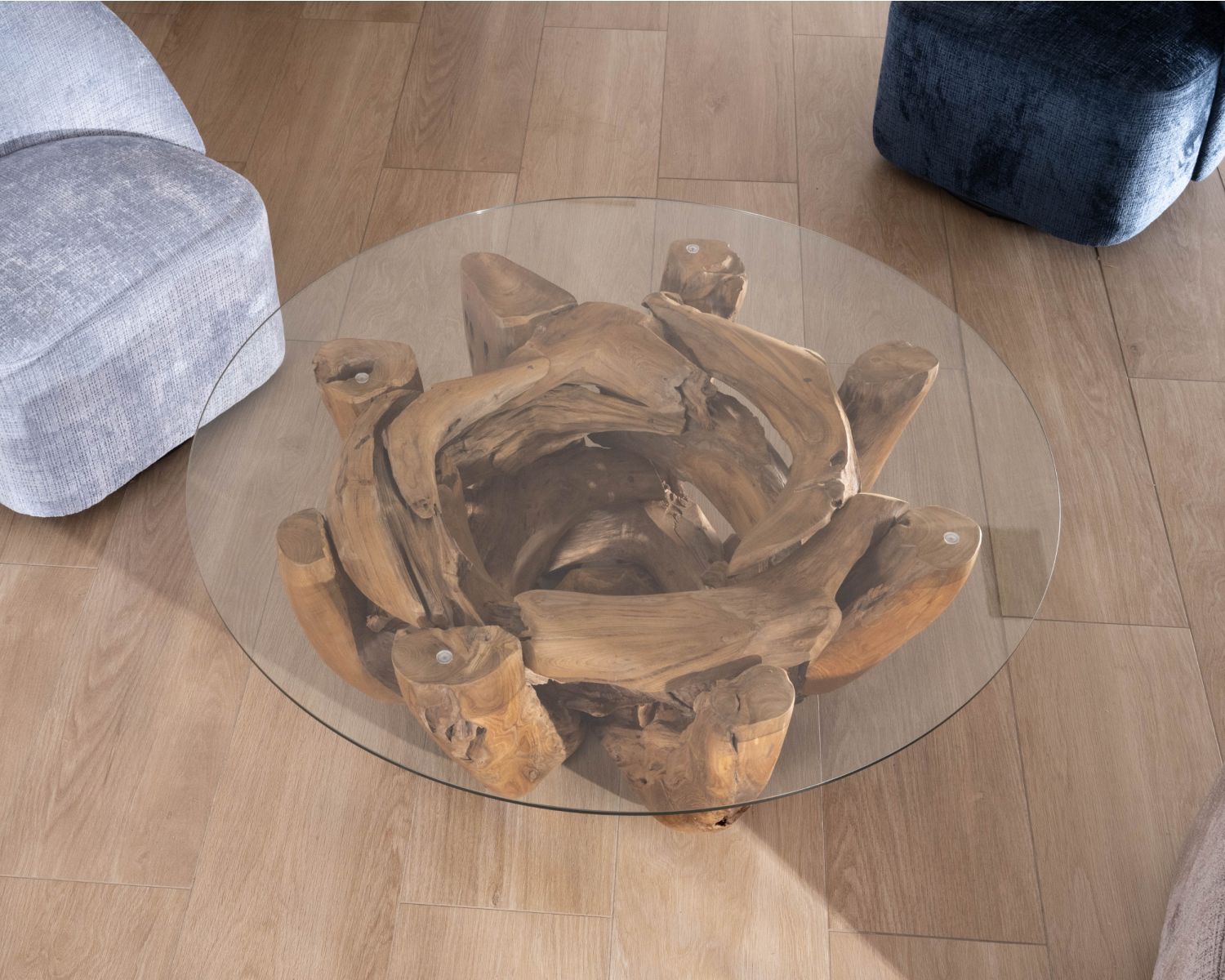 Mesa de centro redonda de madera de teca flotada y tablero de cristal «Kanoa», 120 cm