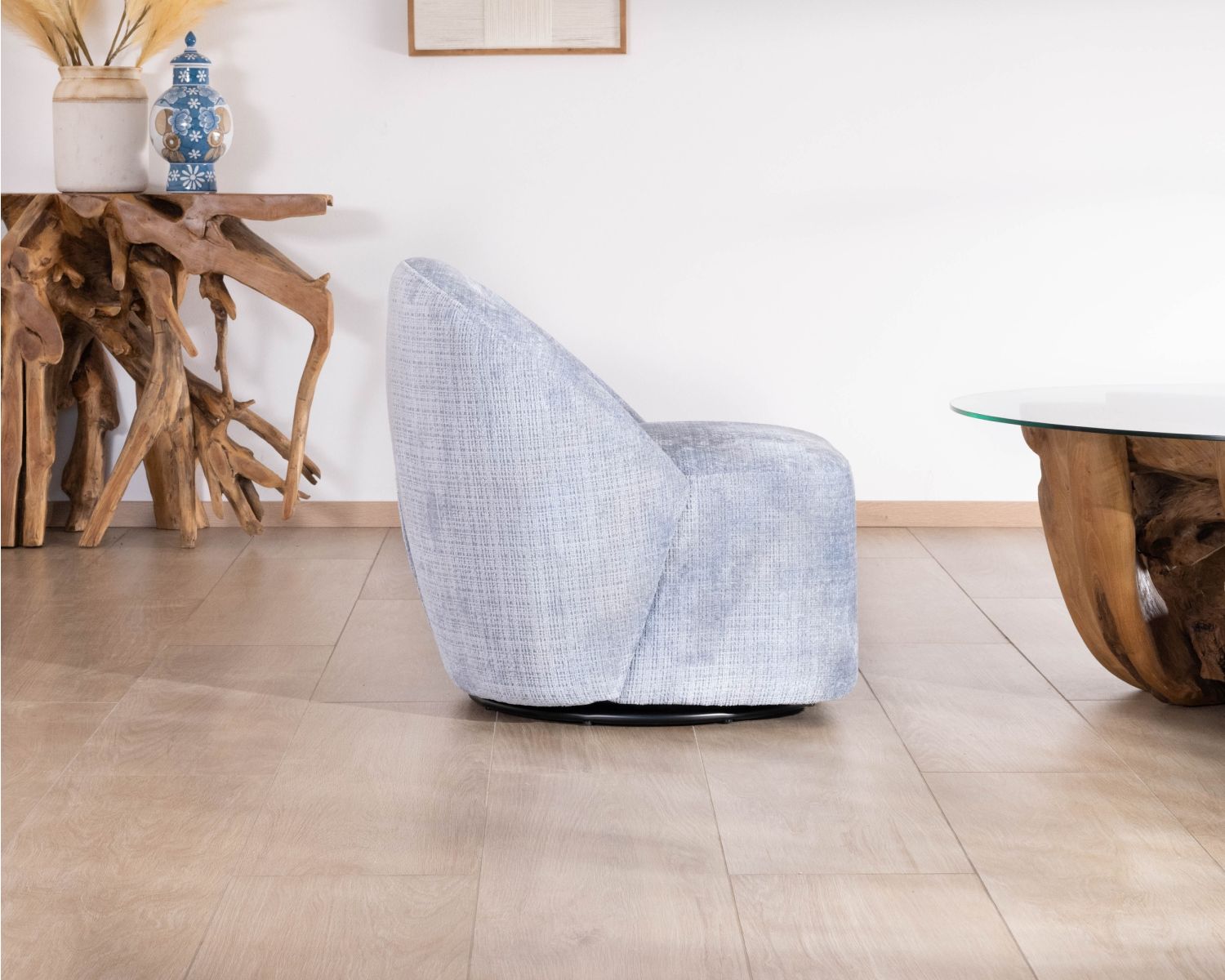 Sillón giratorio de diseño minimalista en tejido azul glaciar «Marylin»