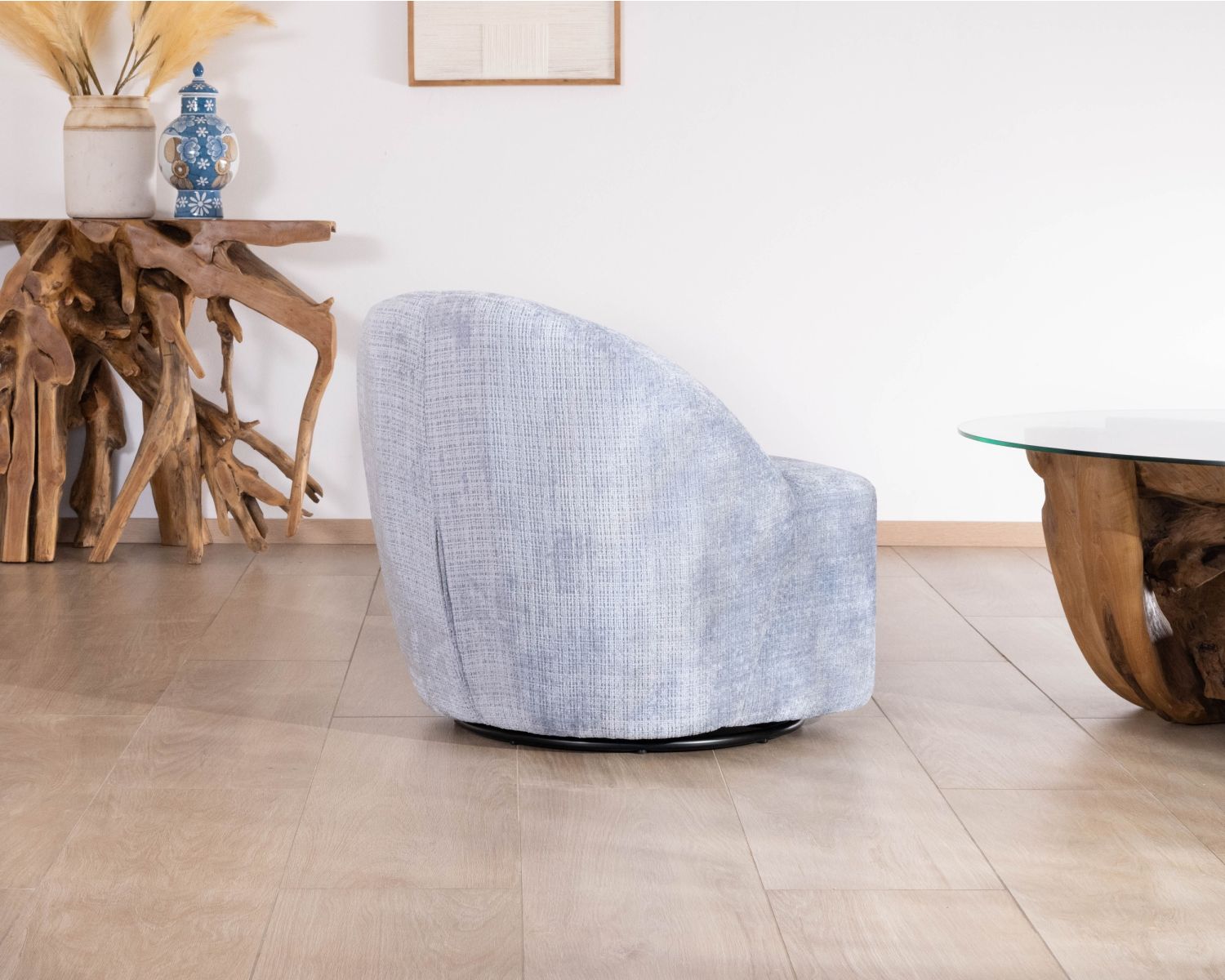 Sillón giratorio de diseño minimalista en tejido azul glaciar «Marylin»