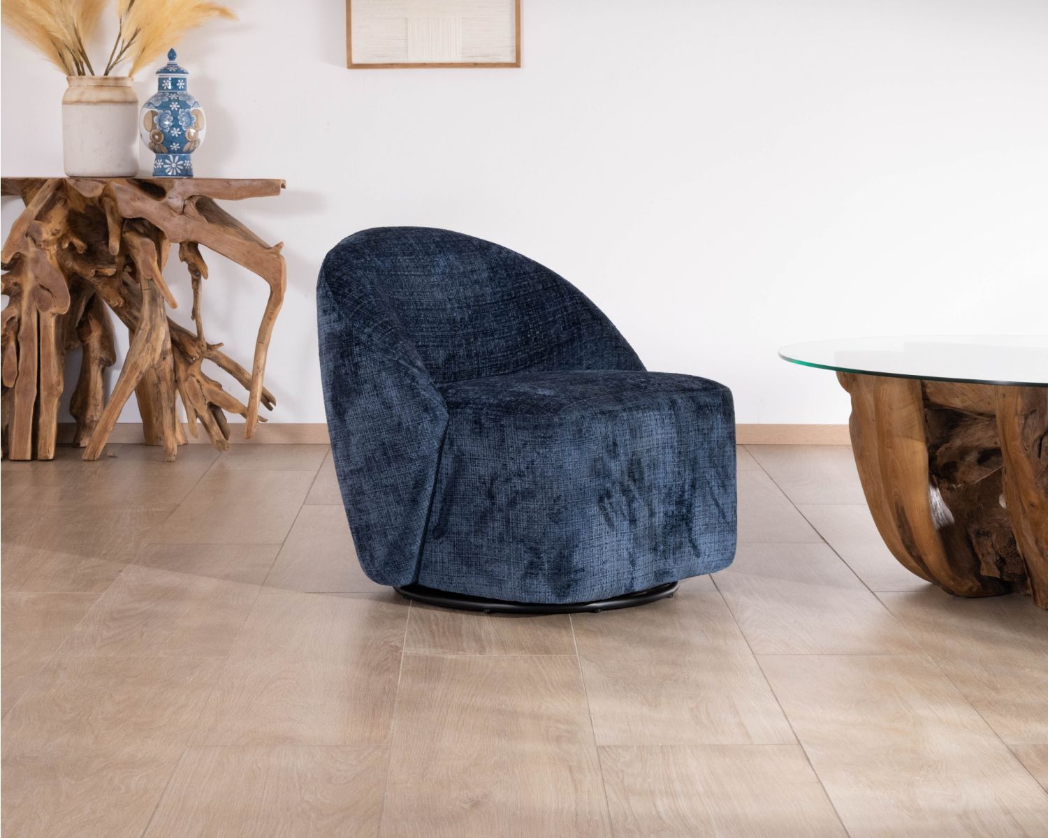 Pequeño sillón auxiliar de diseño minimalista en tela azul noche «Marylin», giratorio 360°