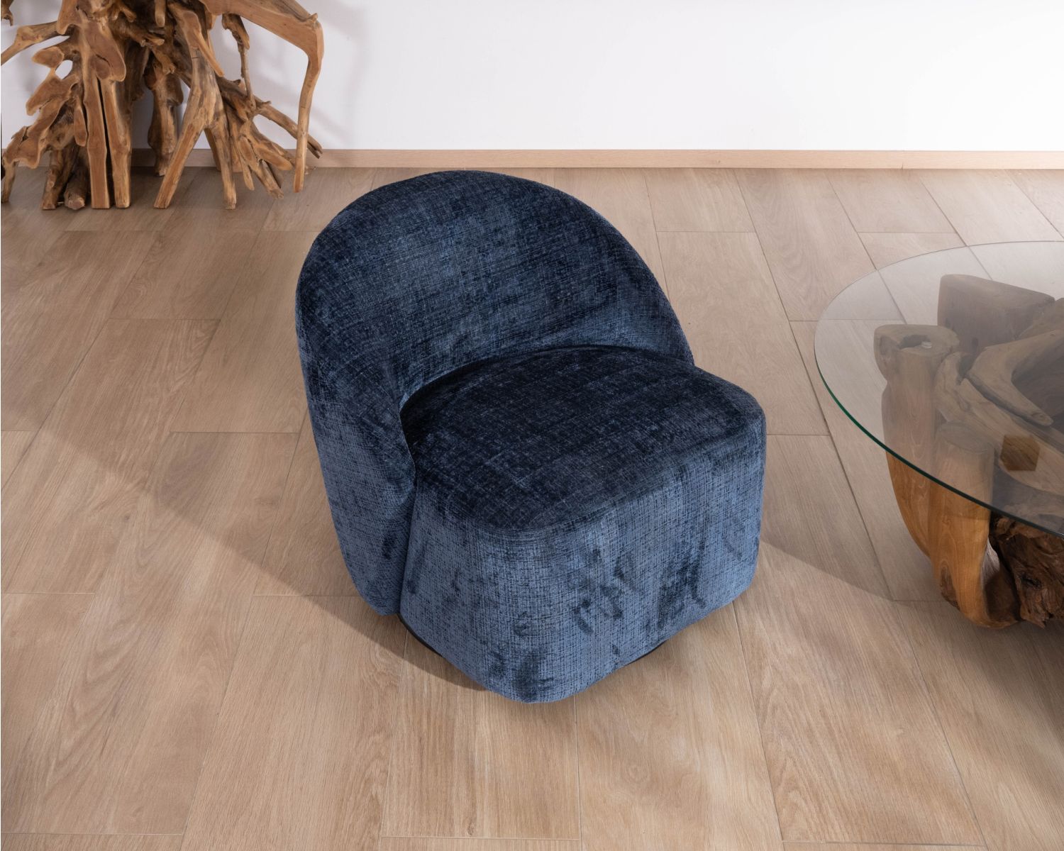 Pequeño sillón auxiliar de diseño minimalista en tela azul noche «Marylin», giratorio 360°