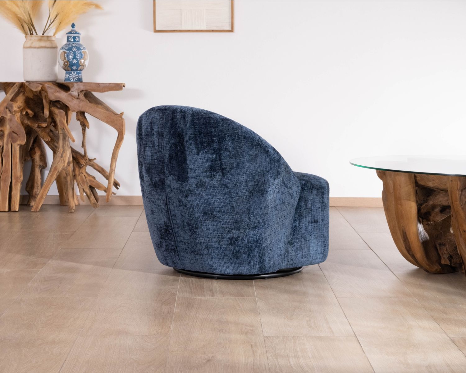 Pequeño sillón auxiliar de diseño minimalista en tela azul noche «Marylin», giratorio 360°