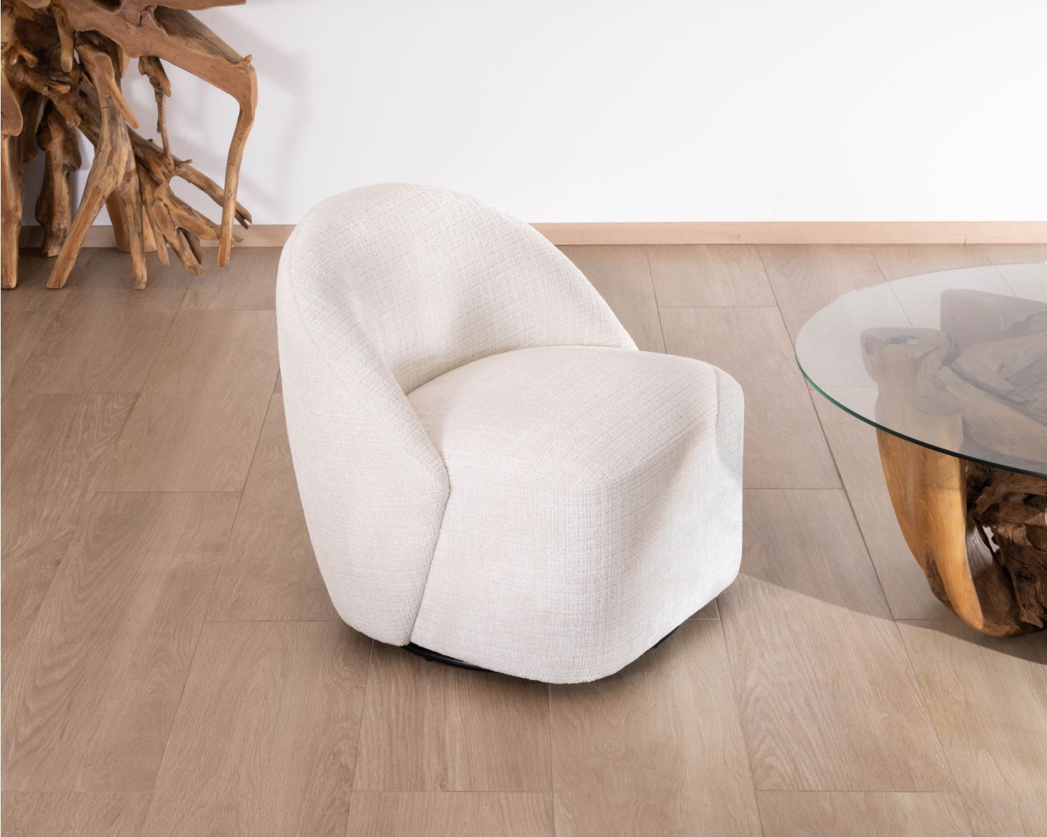 Sillón giratorio de 360°, de diseño minimalista, en tela blanca «Marylin»