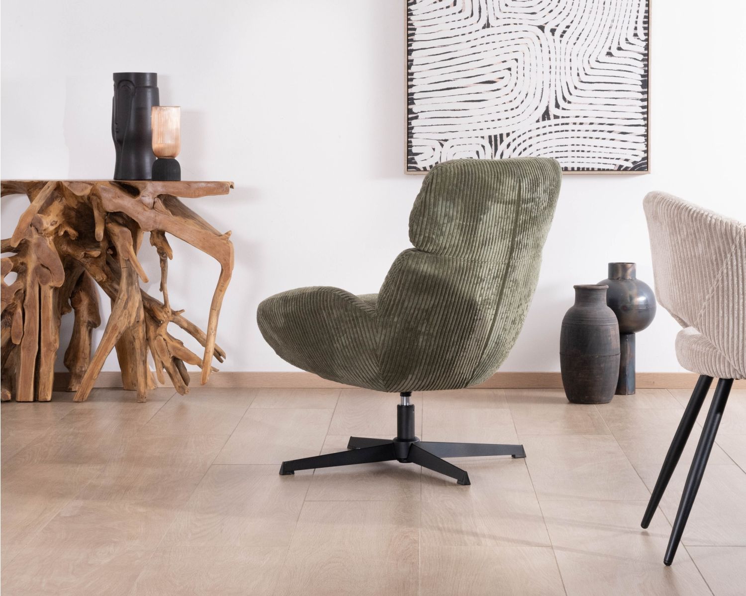 Sillón ultracómodo giratorio de 360° en terciopelo acanalado verde suave «Bissett»