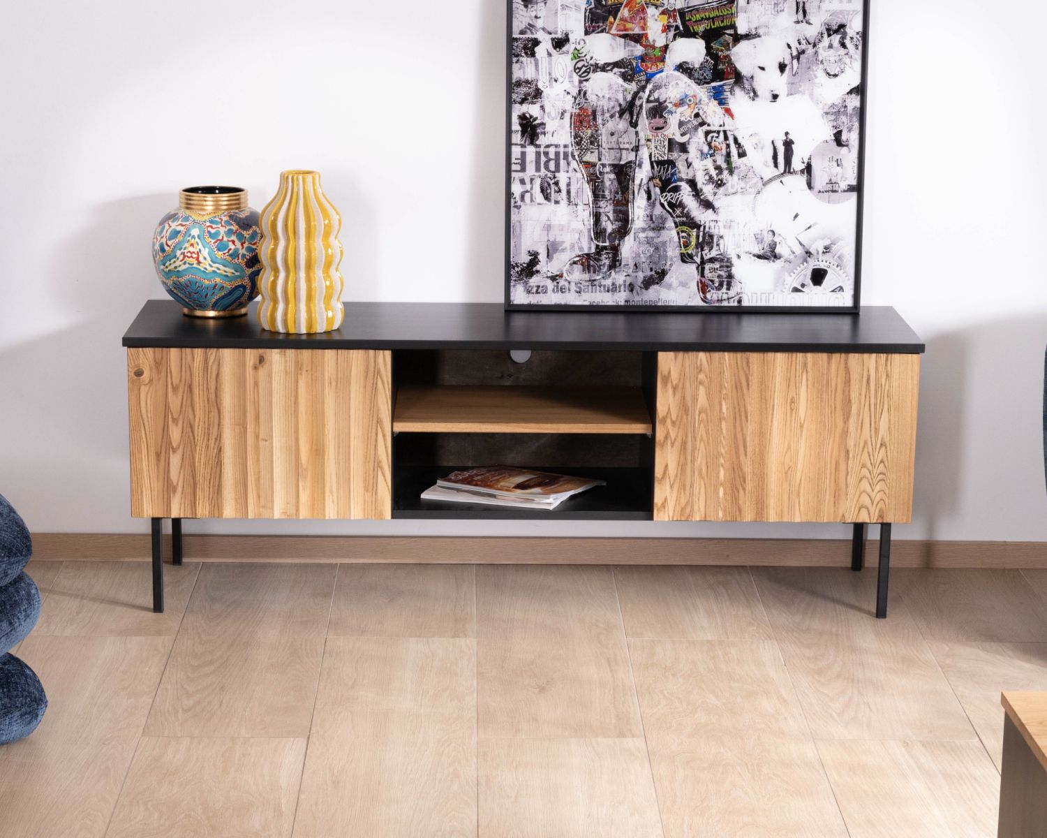 Sofá-vitrina de 160 cm con dos puertas, de madera maciza de fresno aceitada, modelo «Sydney»