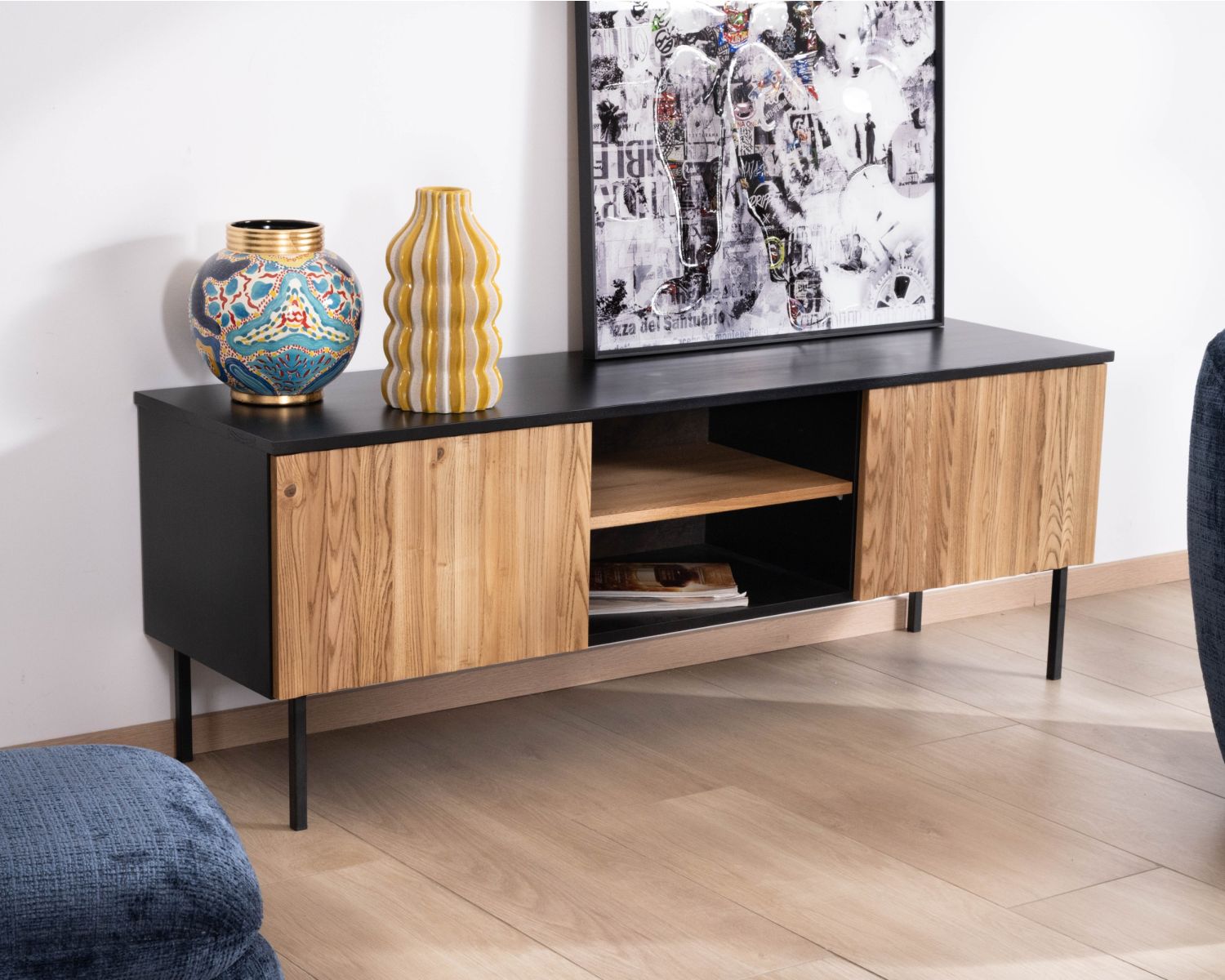 Sofá-vitrina de 160 cm con dos puertas, de madera maciza de fresno aceitada, modelo «Sydney»
