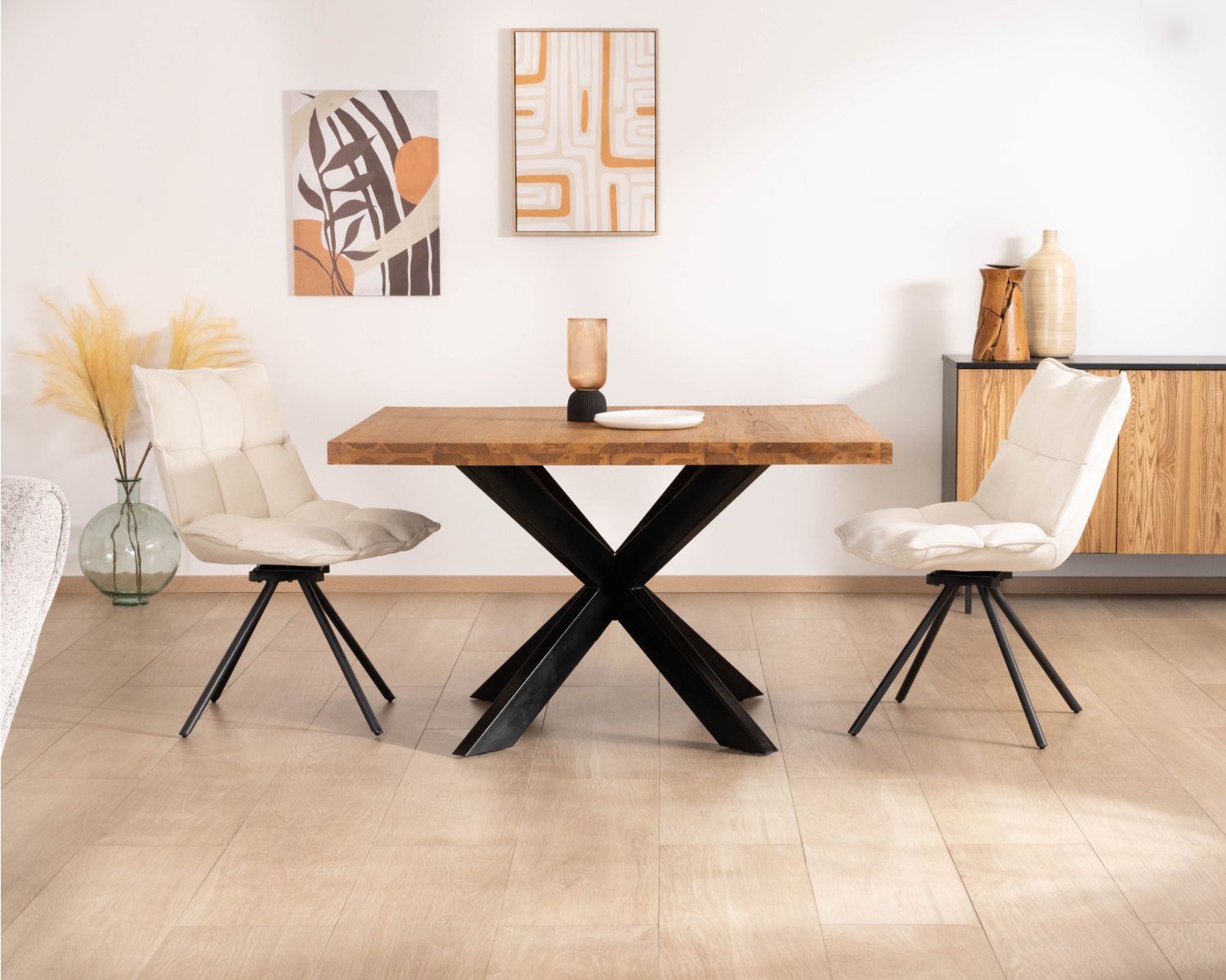 Mesa de comedor cuadrada de teca con patas de metal, 130 cm, «Zenia»