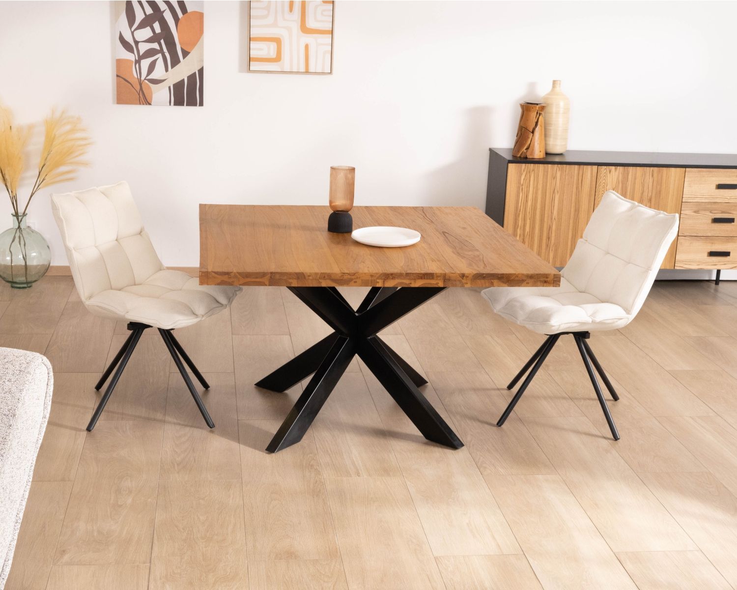 Mesa de comedor cuadrada de teca con patas de metal, 130 cm, «Zenia»
