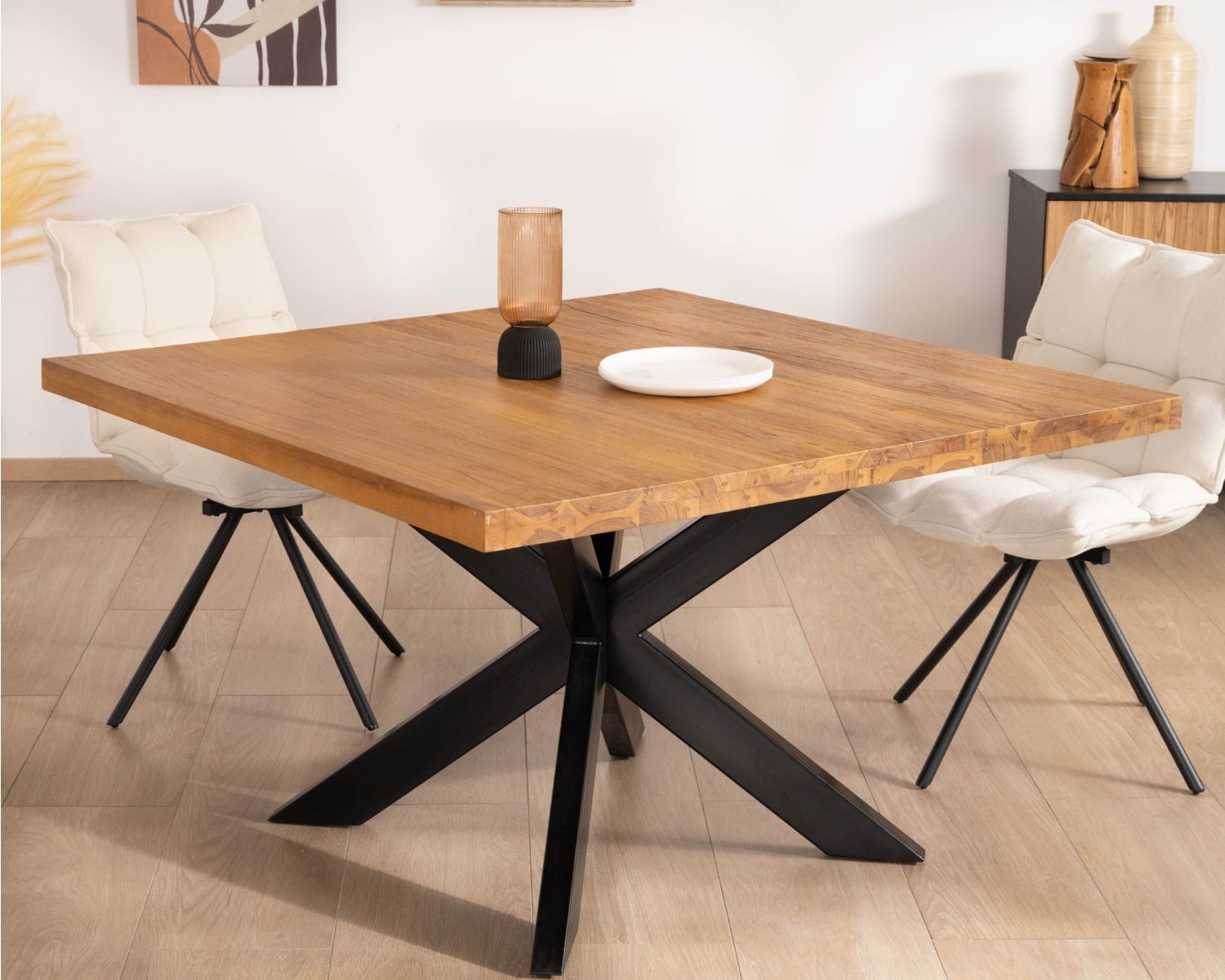 Mesa de comedor cuadrada de teca con patas de metal, 130 cm, «Zenia»