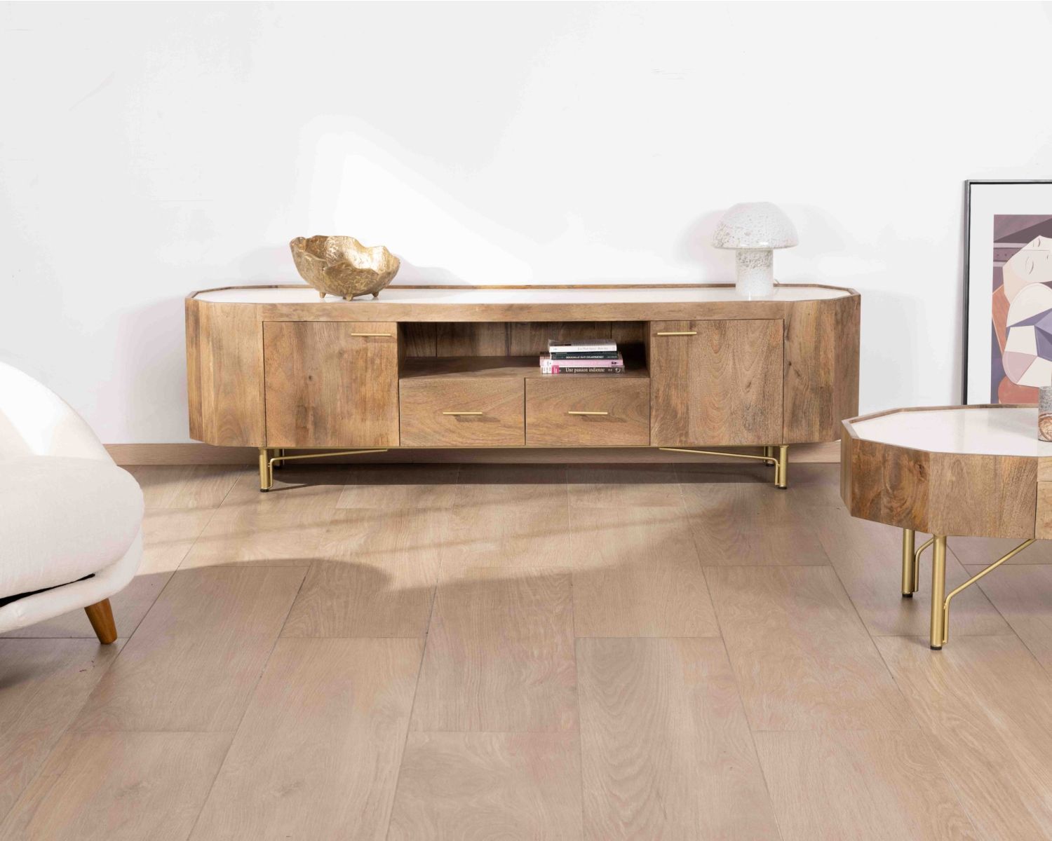 Mueble para la tele de 180 cm de estilo retro-chic con encimera de terrazo blanco «Bruges»