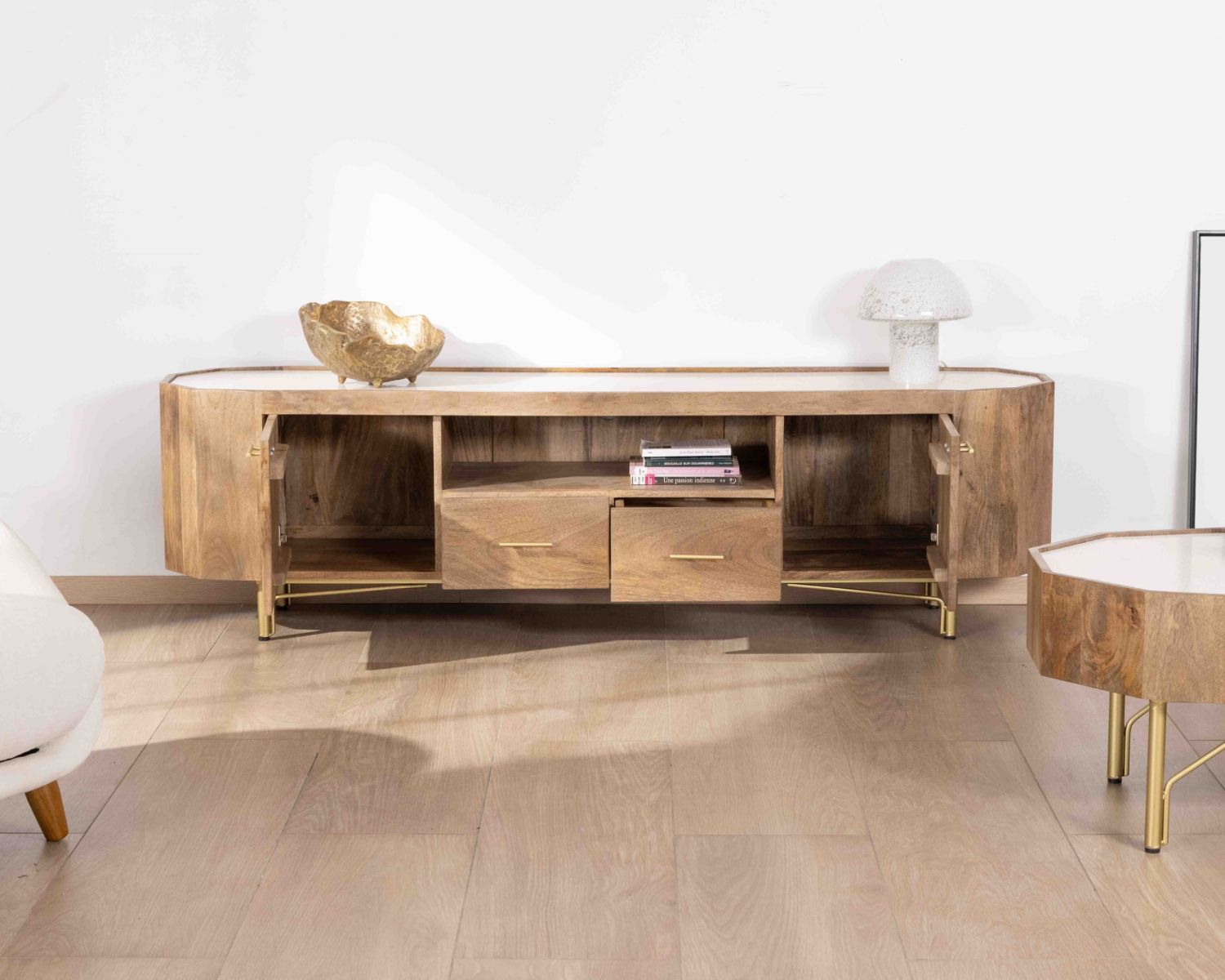 Mueble para la tele de 180 cm de estilo retro-chic con encimera de terrazo blanco «Bruges»