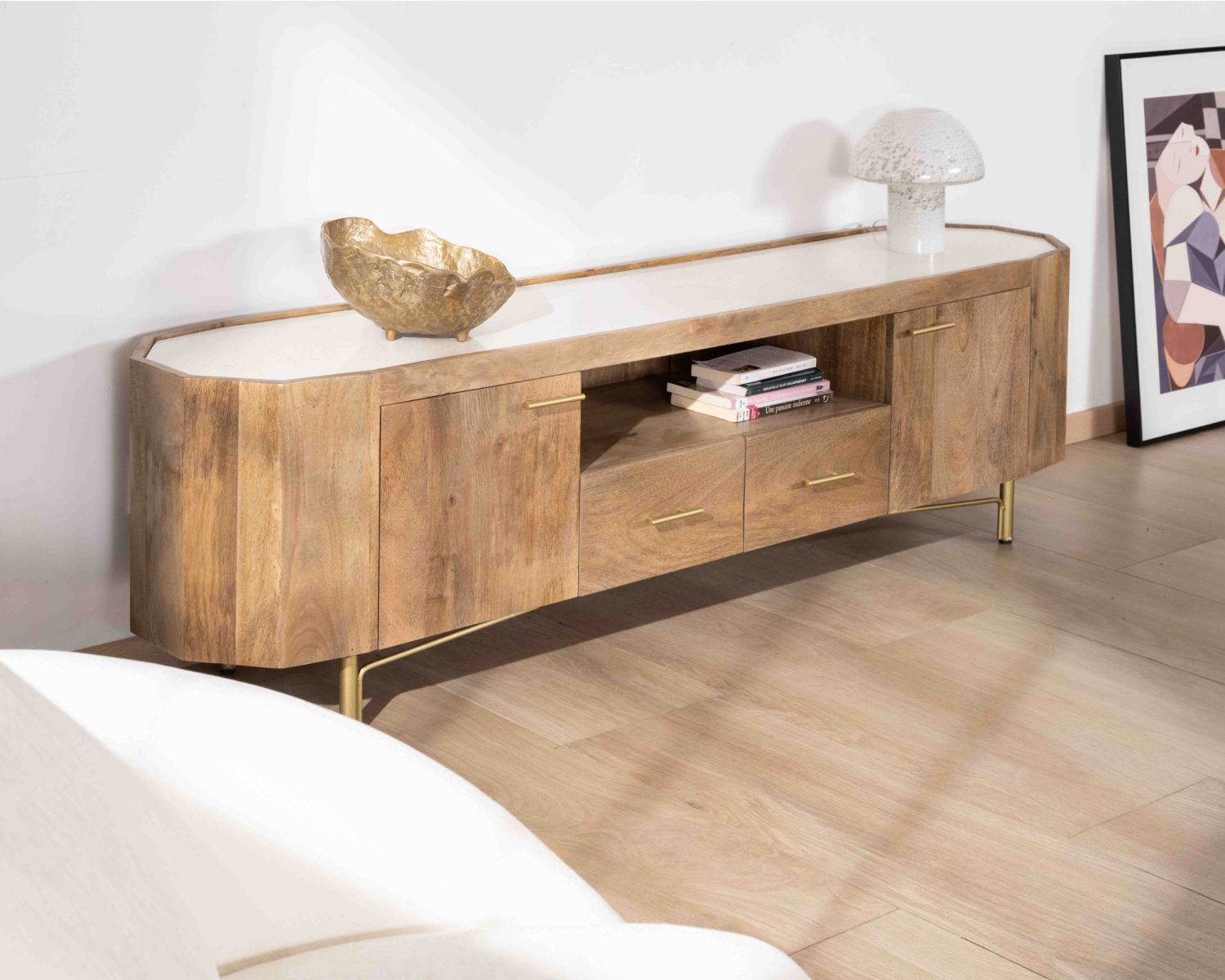 Mueble para la tele de 180 cm de estilo retro-chic con encimera de terrazo blanco «Bruges»
