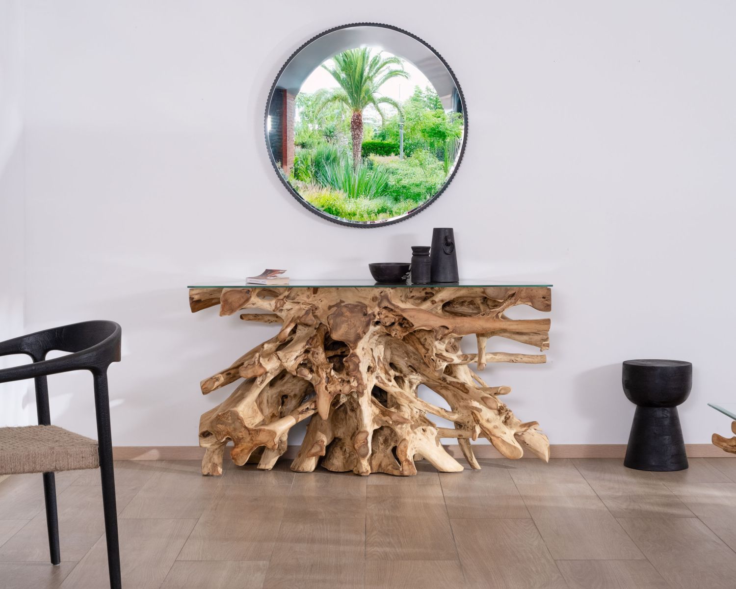 Consola de raíz de teca natural con tablero de cristal «Jungle»
