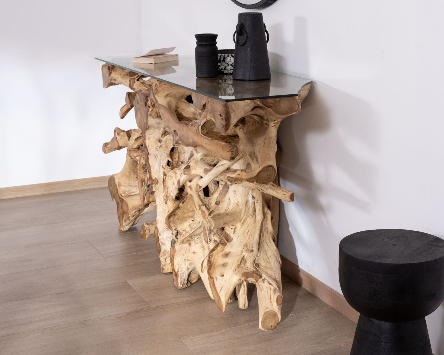 Consola de raíz de teca natural con tablero de cristal «Jungle»