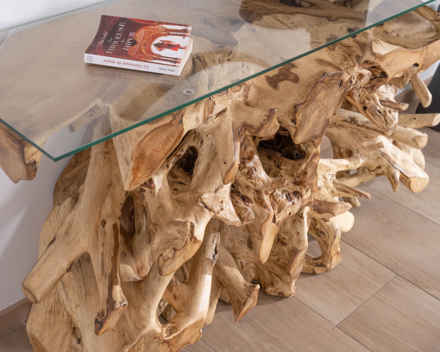 Consola de raíz de teca natural con tablero de cristal «Jungle»