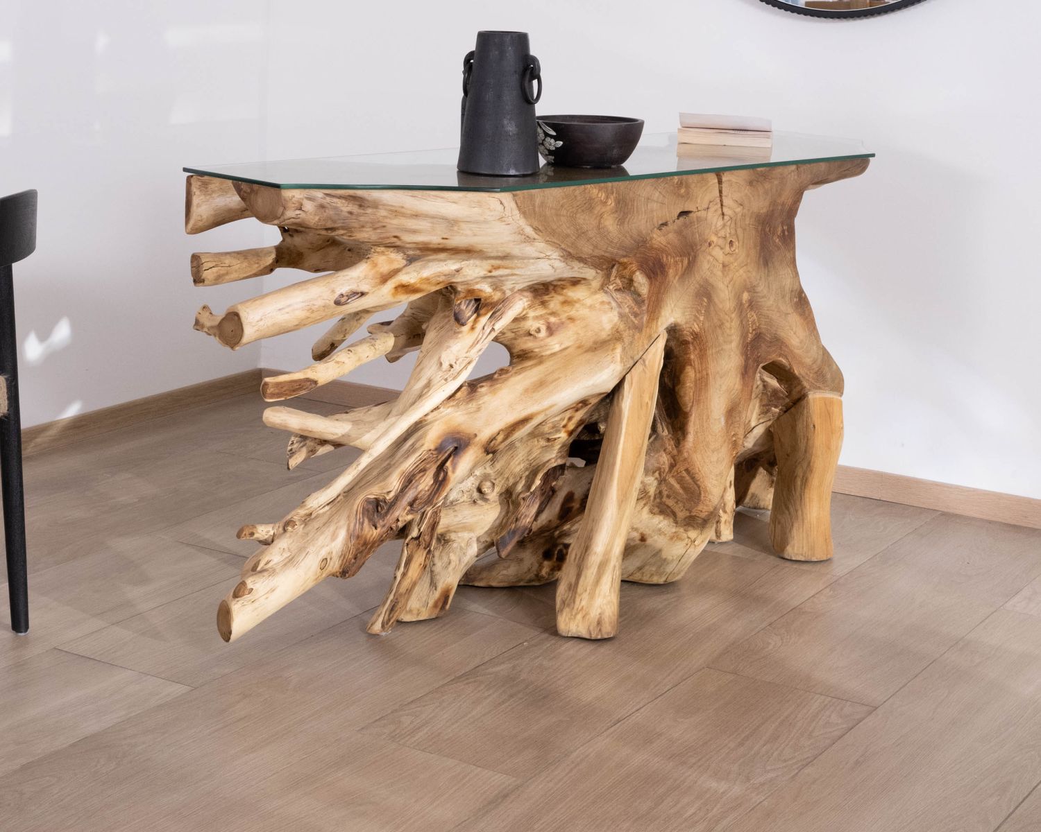 Consola de raíz de teca natural con tablero de cristal «Jungle»