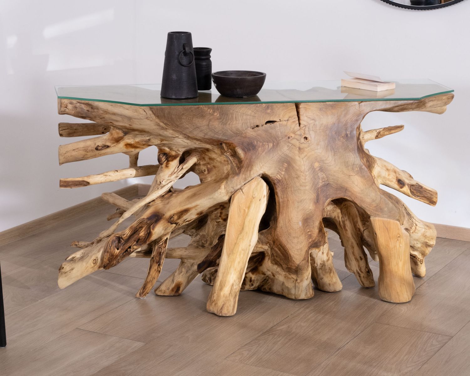 Consola de raíz de teca natural con tablero de cristal «Jungle»
