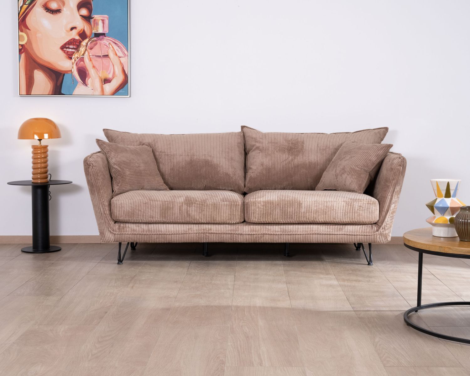 Sofá de 3 plazas de terciopelo acanalado color camel «Hasting»
