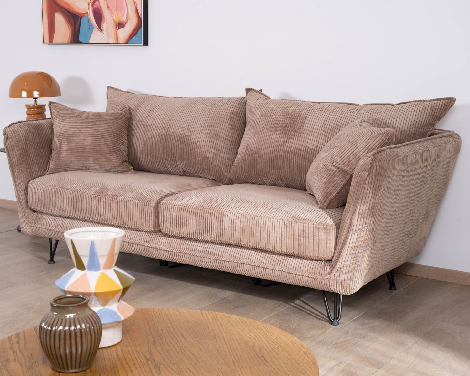 Sofá de 3 plazas de terciopelo acanalado color camel «Hasting»