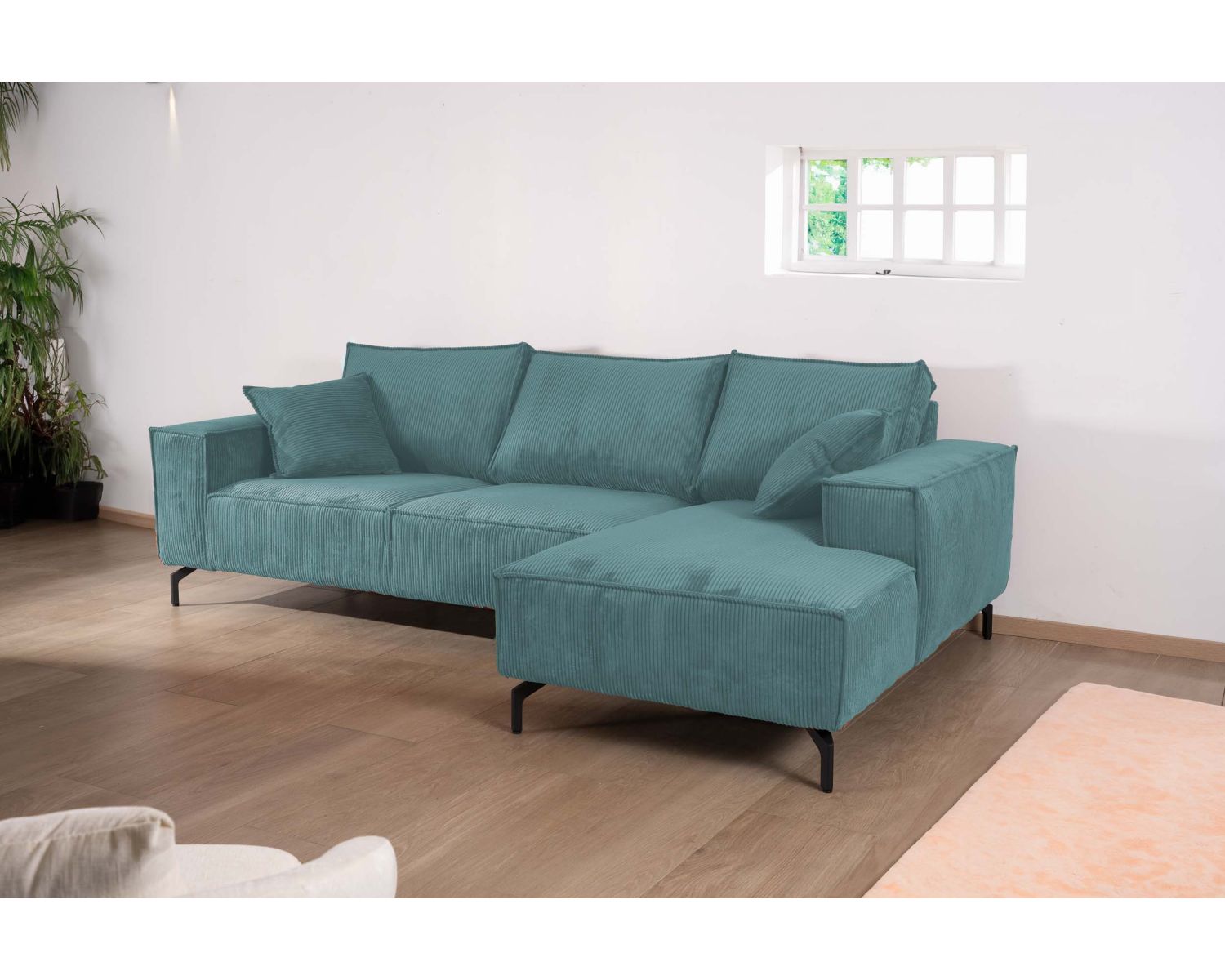 Sofá esquinero de terciopelo acanalado con chaise longue «Pueblo», con orientación y colores a elegir