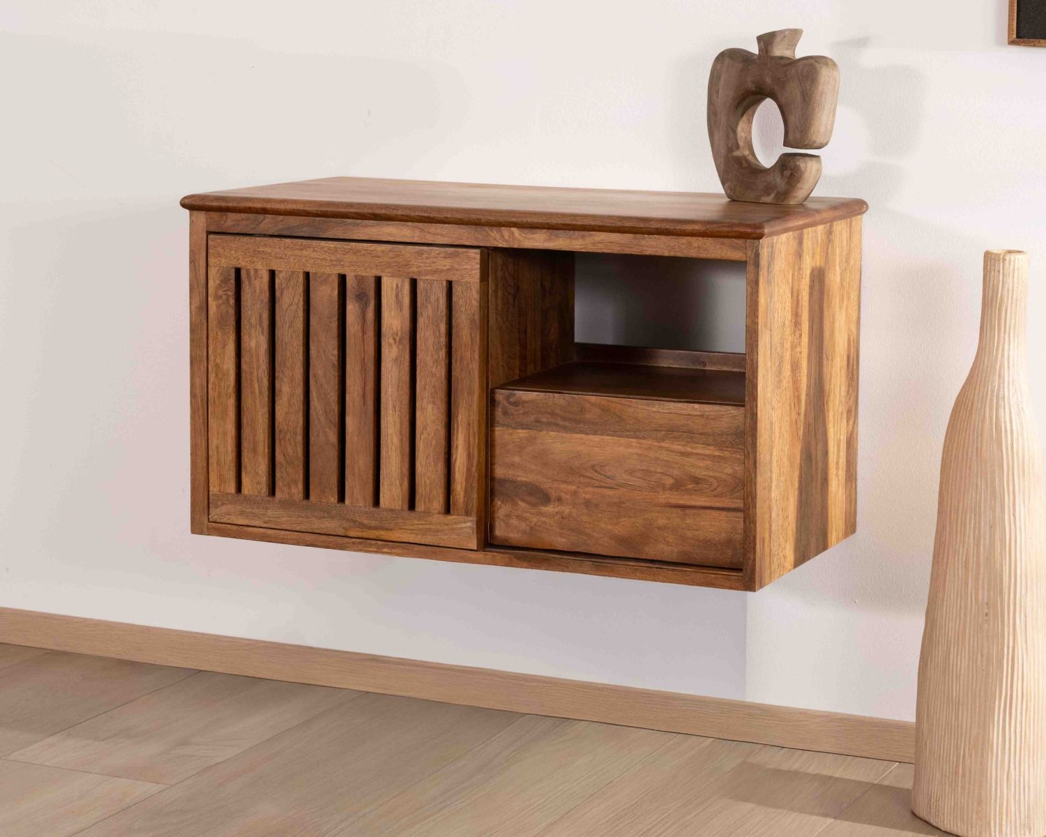 Mueble bajo lavabo suspendido de 90 cm «Bulle» en madera de mango oscuro