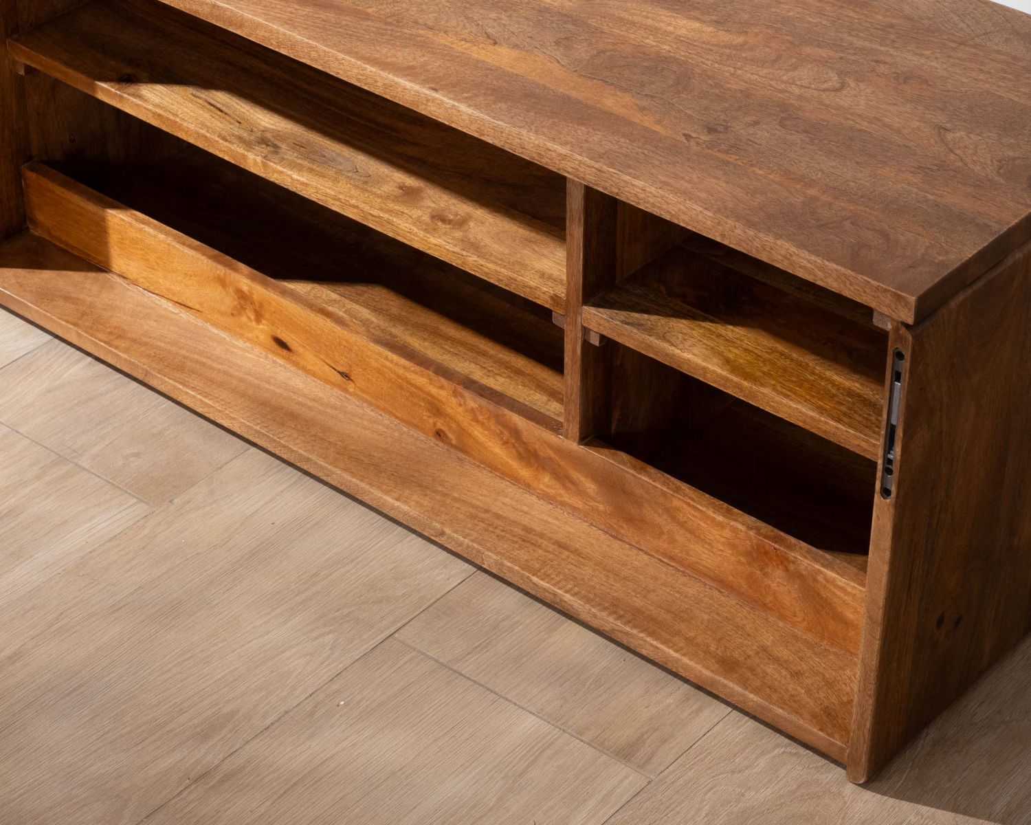 Mueble bajo lavabo suspendido de 140 cm en madera de mango oscuro «Nani» con frentes de doble textura