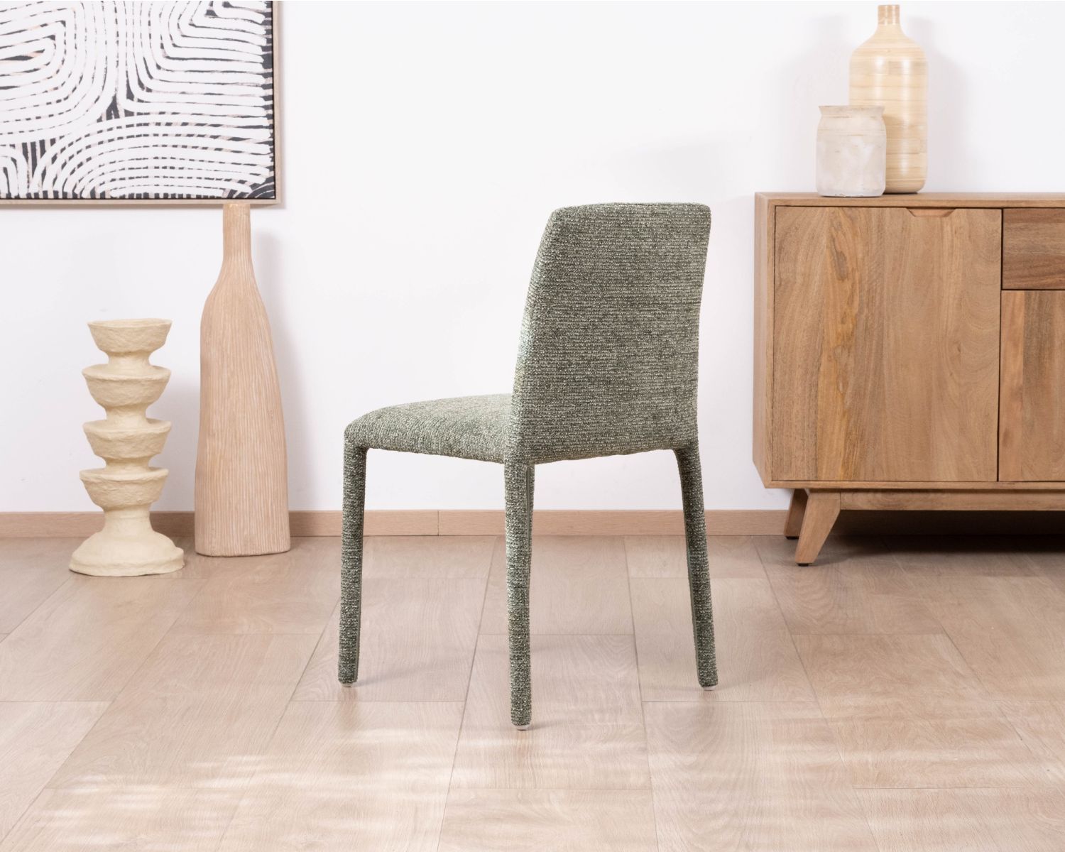 Lote de 4 sillas de comedor contemporáneas «Otto» con tapizado integral de tela verde salvia jaspeada