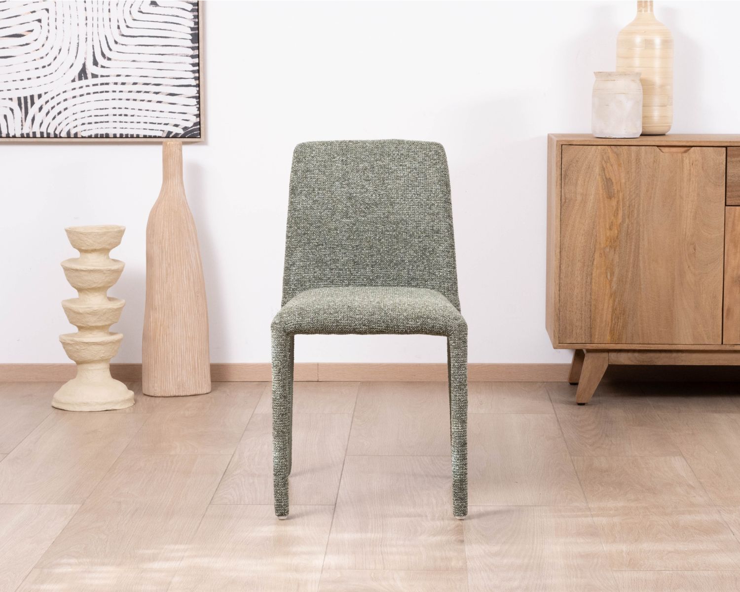 Lote de 4 sillas de comedor contemporáneas «Otto» con tapizado integral de tela verde salvia jaspeada