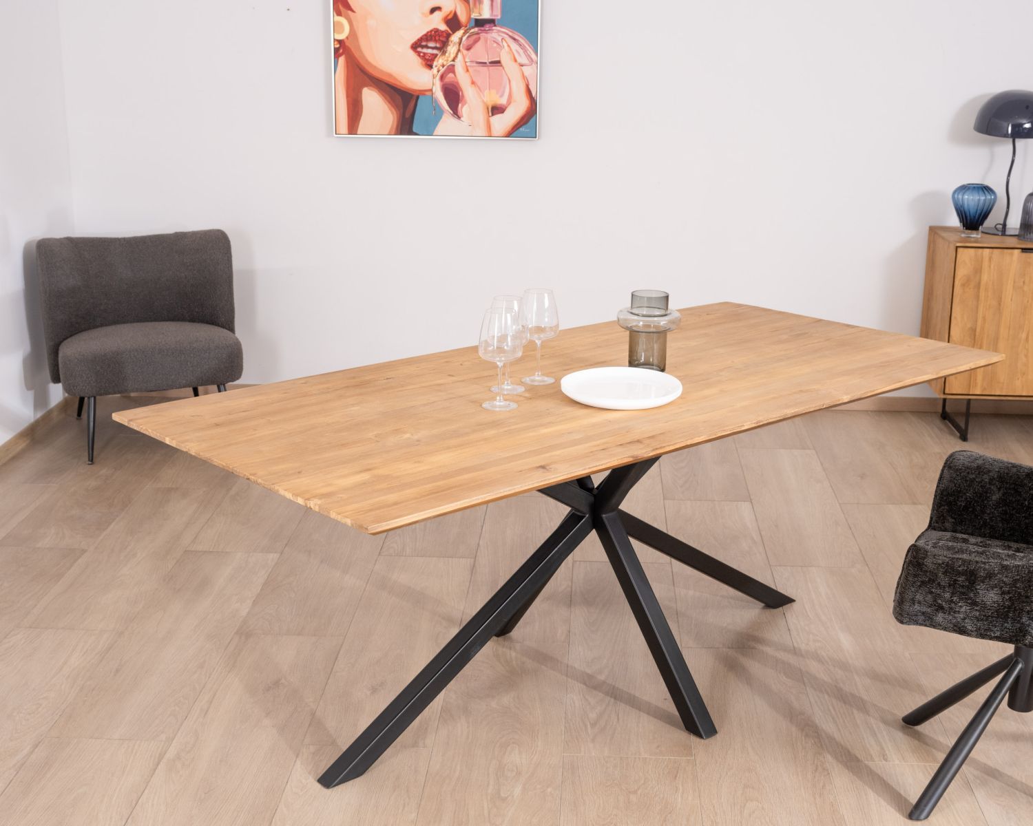 Mesa de comedor de 2 m de teca natural «Bahia» con patas de metal Mikado
