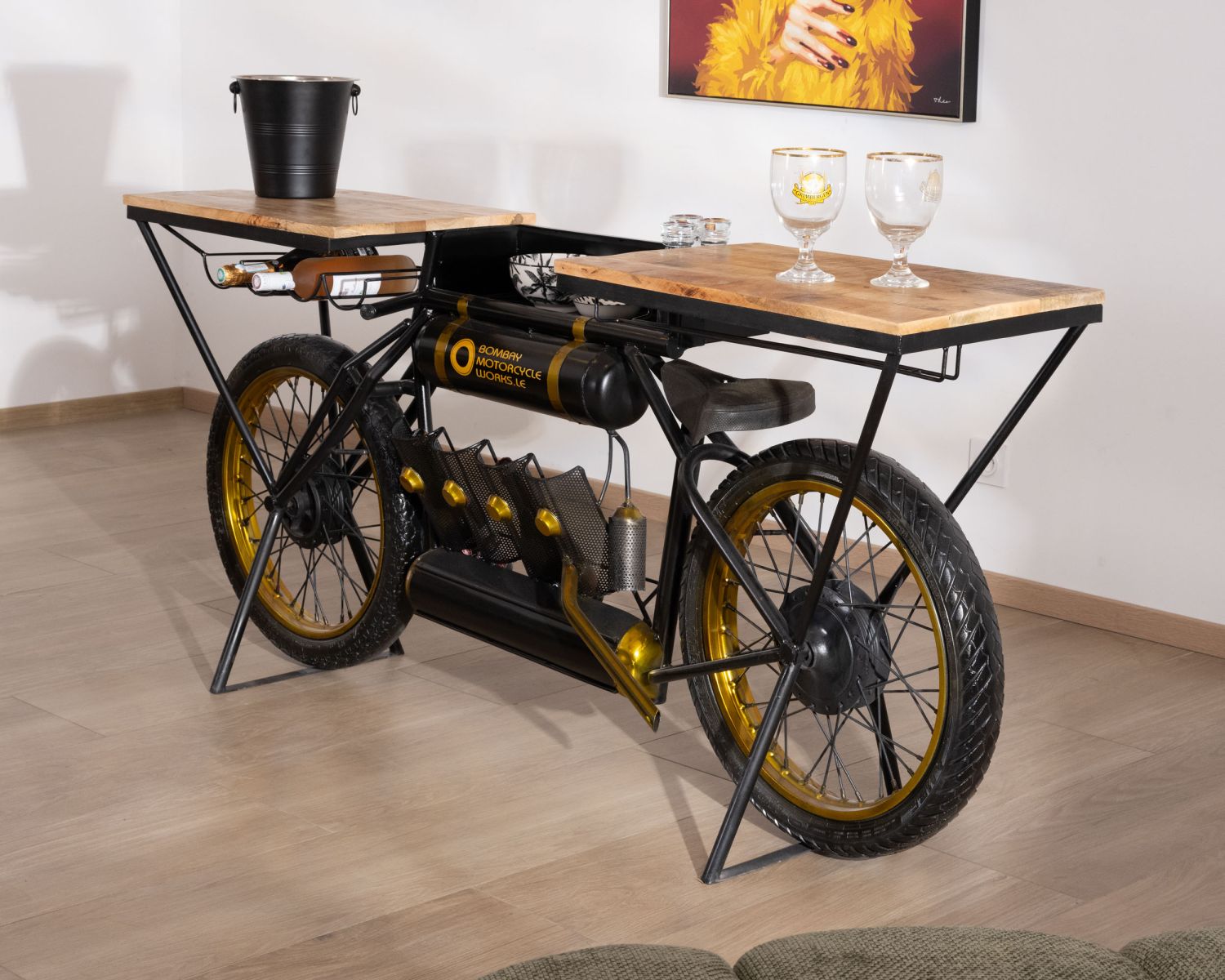 Consola vintage para moto muy original, de madera y metal negro, «Crazy»