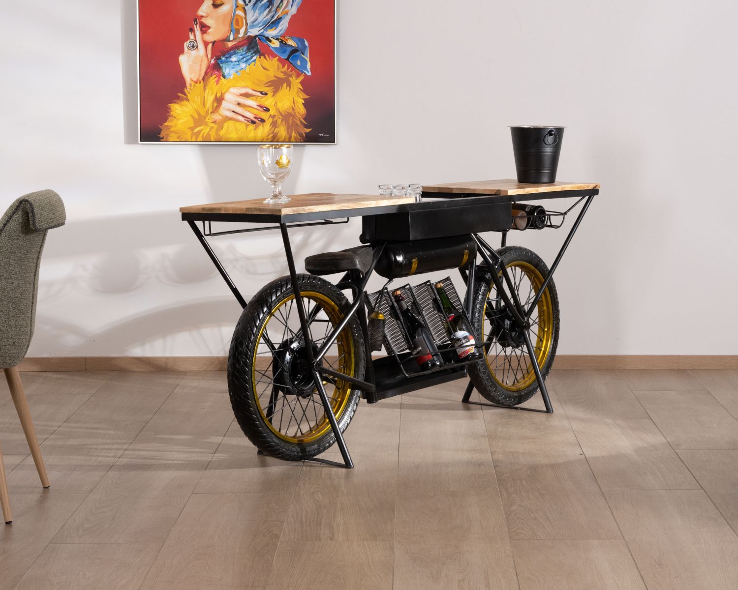 Consola vintage para moto muy original, de madera y metal negro, «Crazy»