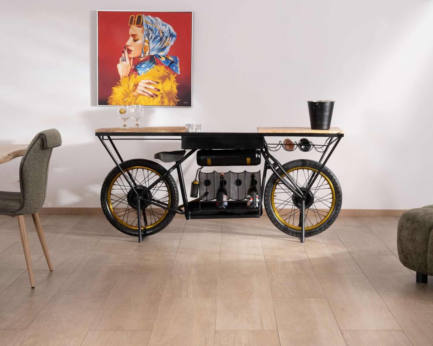 Consola vintage para moto muy original, de madera y metal negro, «Crazy»