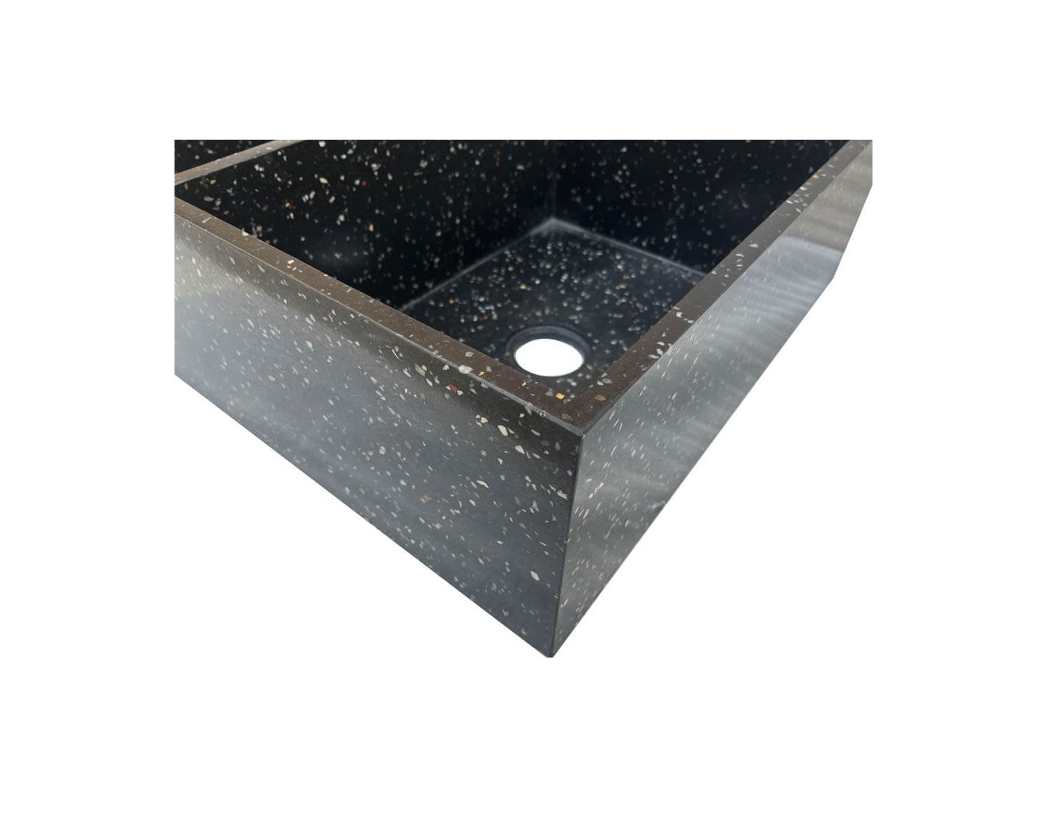 Fregadero grande de terrazo negro para encastrar, con dos cubetas