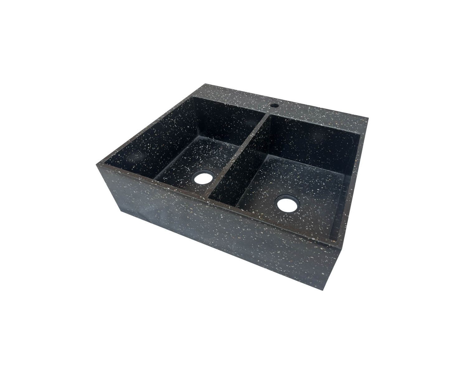 Fregadero grande de terrazo negro para encastrar, con dos cubetas