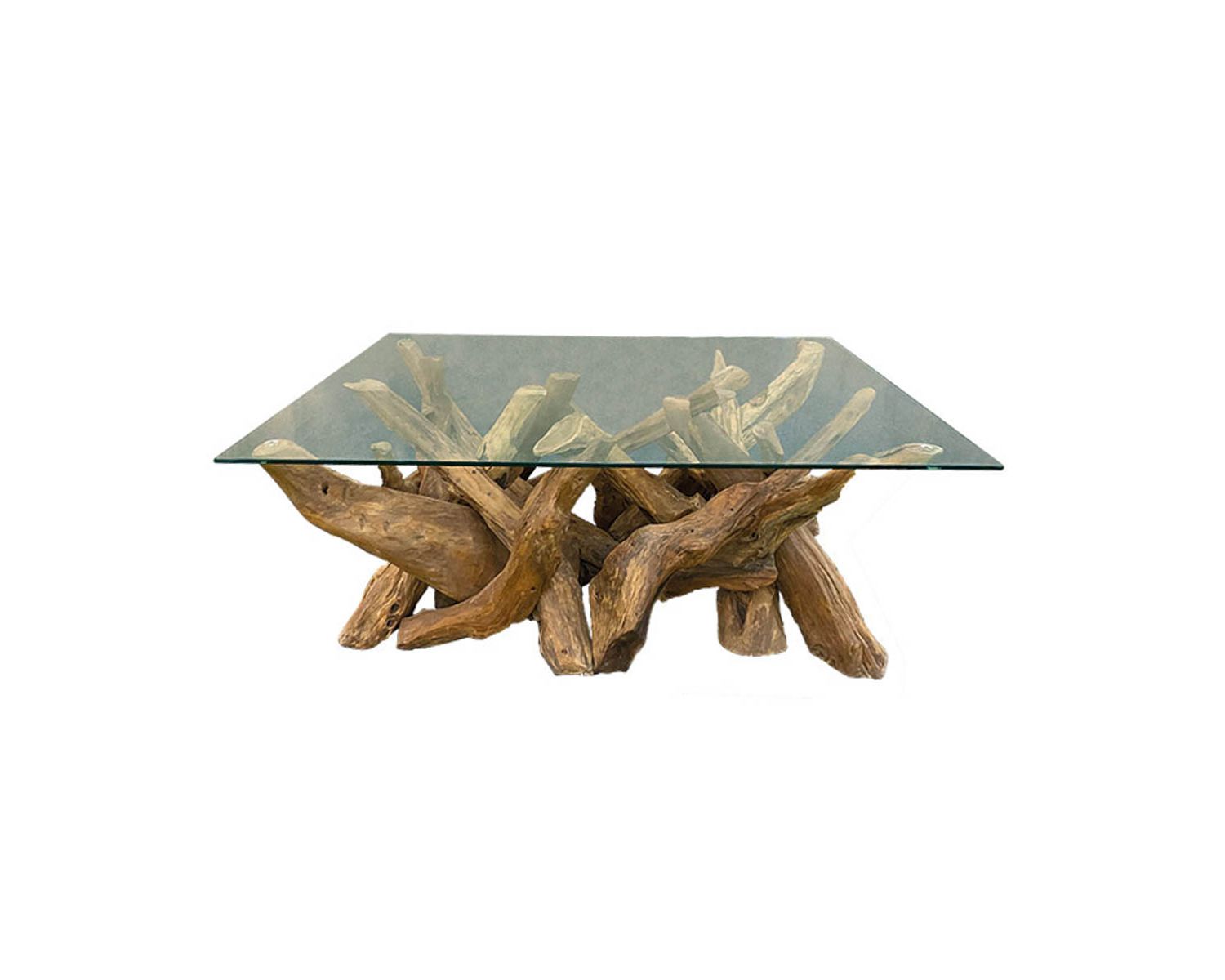 Mesa de centro con cristal y base de raíz de teca natural reciclada «Farmer»