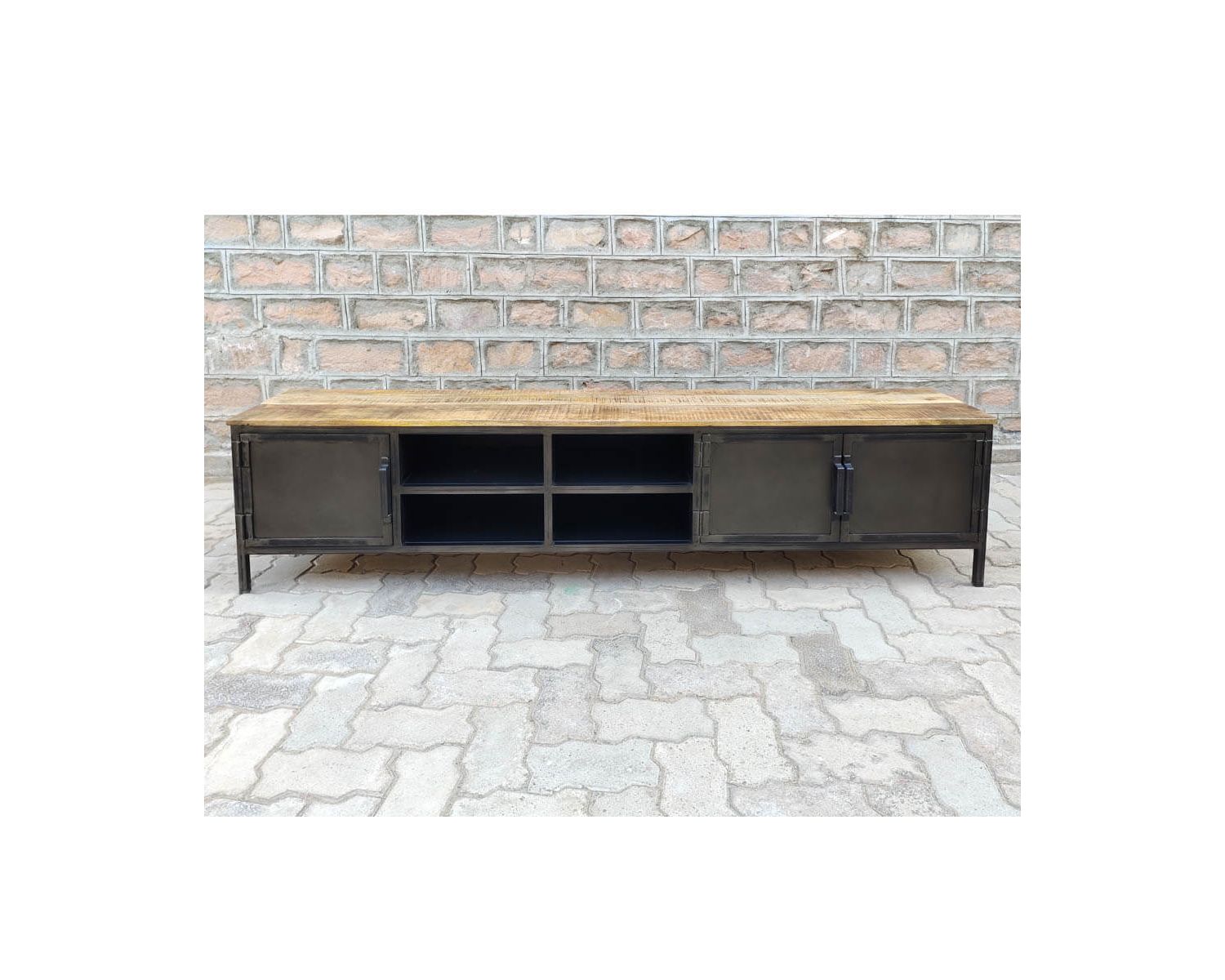 Mueble para la tele negro de metal y madera «Dowtoun», estilo taller, 220 cm