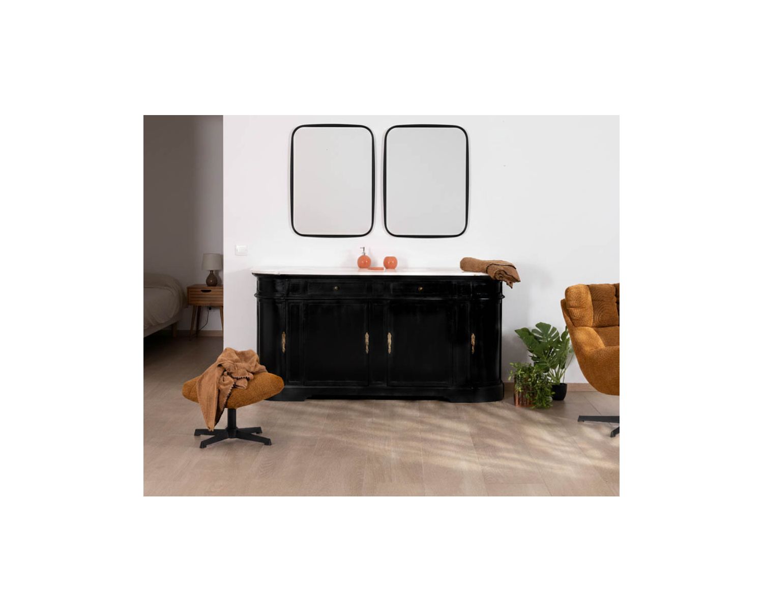 Mueble de doble lavabo con esquinas redondeadas, de madera negra y cuarzo blanco «Églantine»
