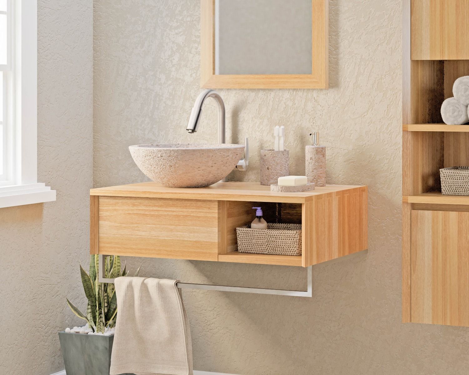 Mueble suspendido para lavabo de teca con toallero de 80 cm «Tika»