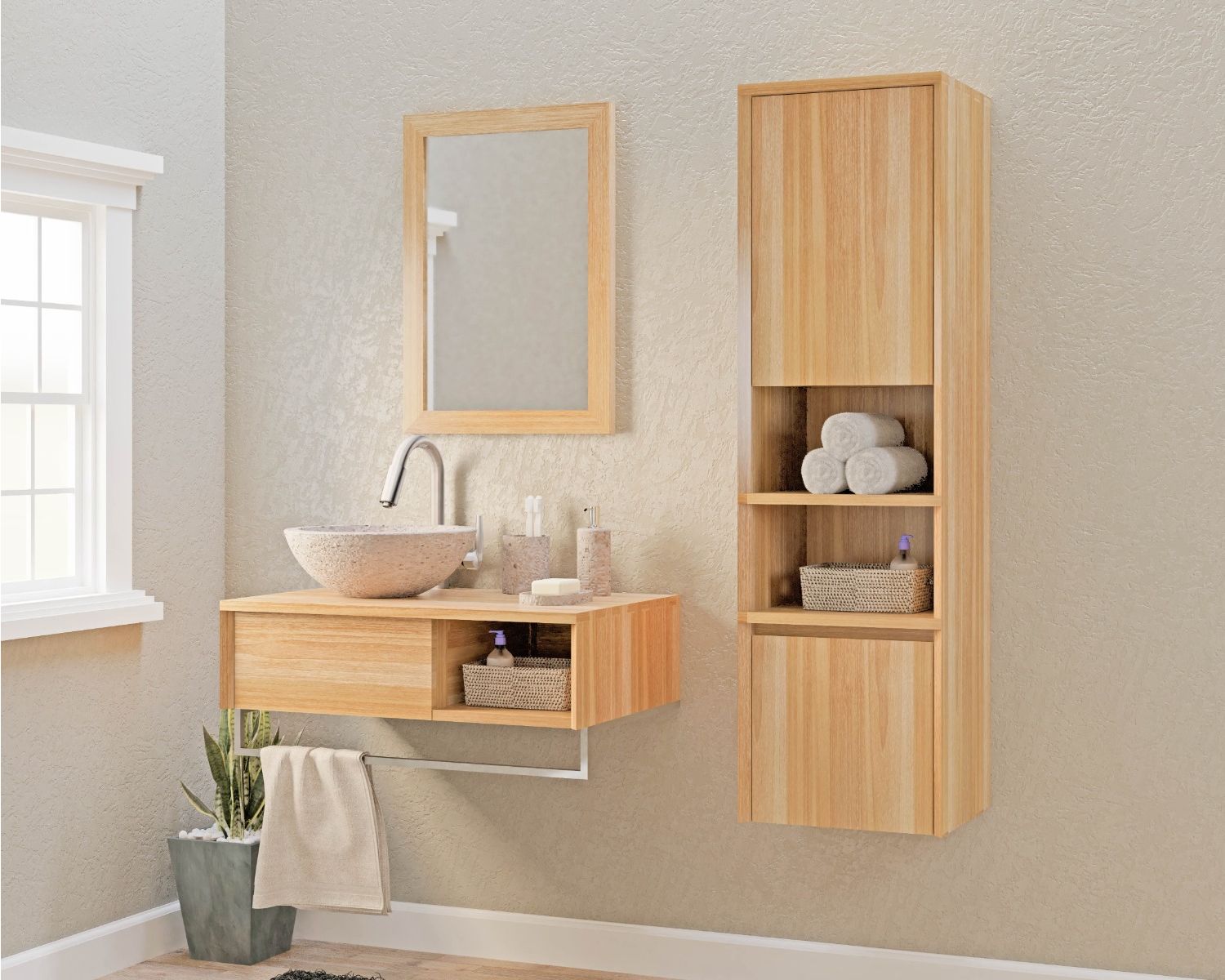 Mueble suspendido para lavabo de teca con toallero de 80 cm «Tika»