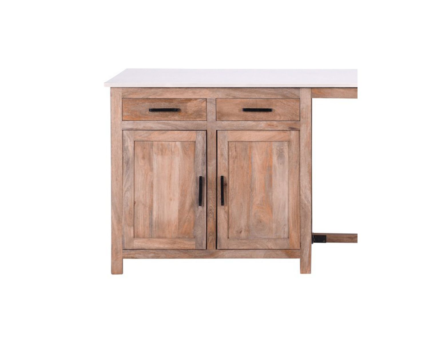 Isla central de madera y cuarzo blanco con zona de comedor «Grand Chef»