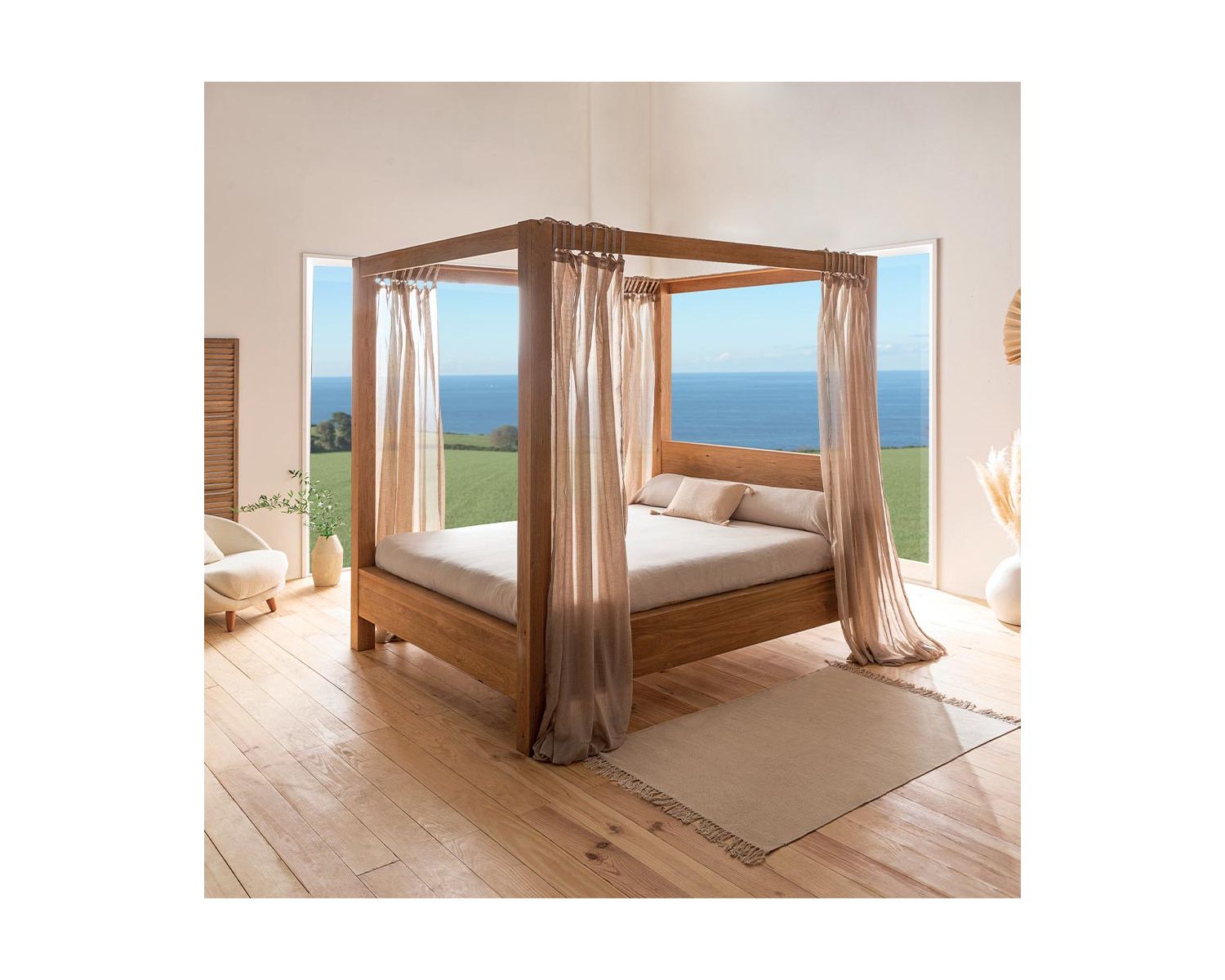Cama con dosel de roble aceitado para colchón de 160 x 200 cm «Kamaia»
