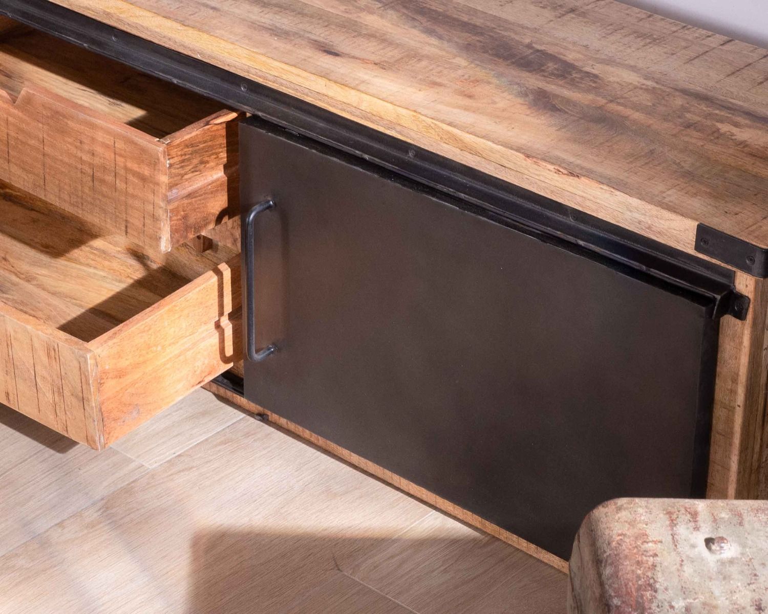 Mueble de televisión grande «Caractère», 200 cm, 2 puertas y 2 cajones de metal y madera